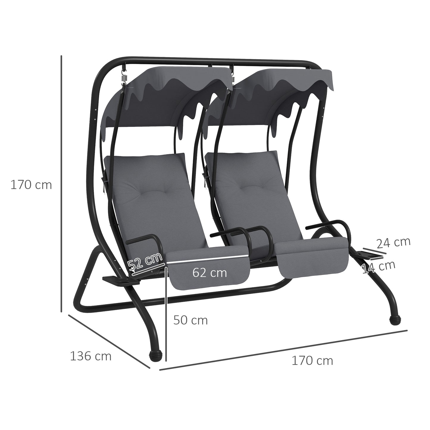 Two-Seat Garden Swing Chair, with Protective Canopy
