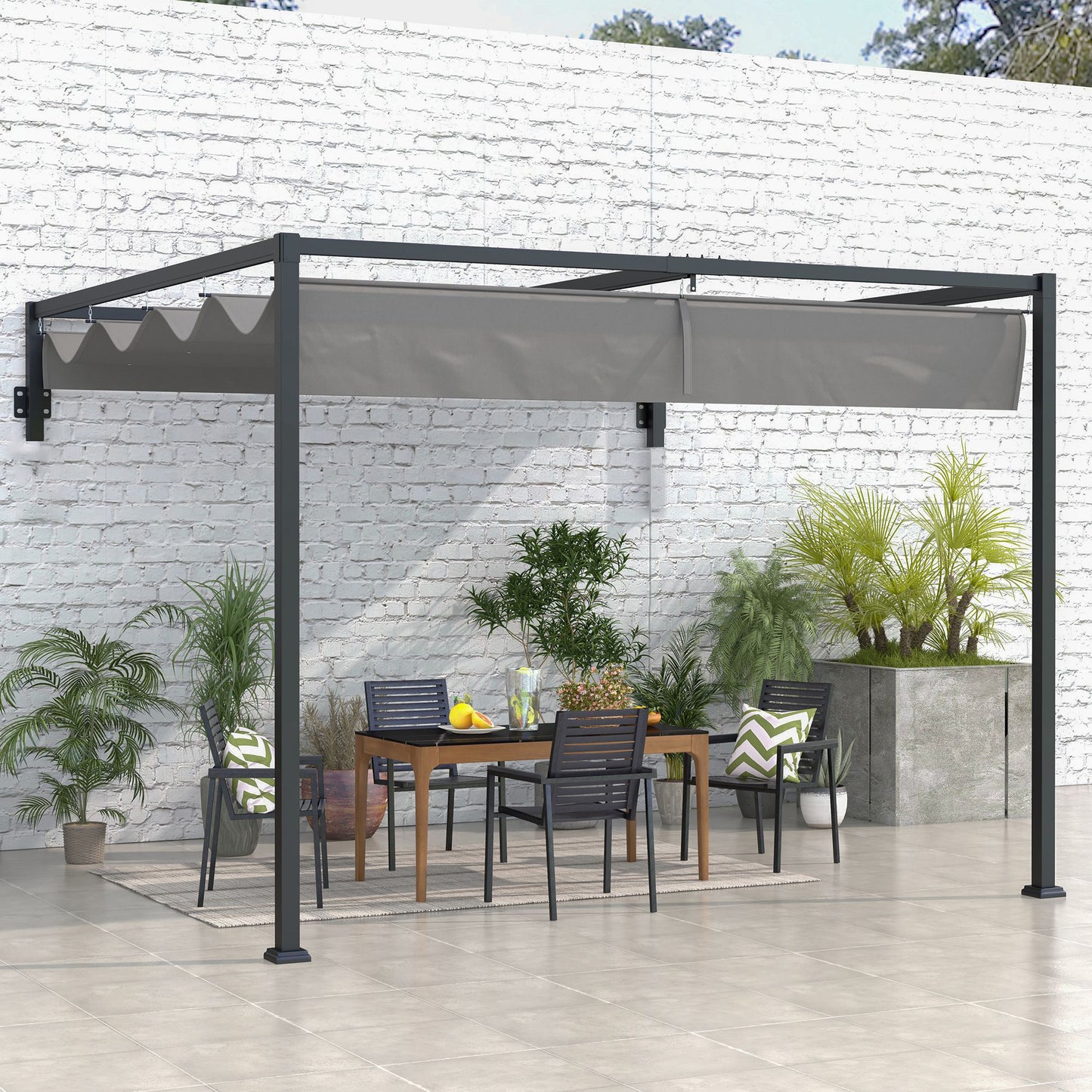 3 x 4m Lean To Steel Pergola with Moving Fabric Canopy