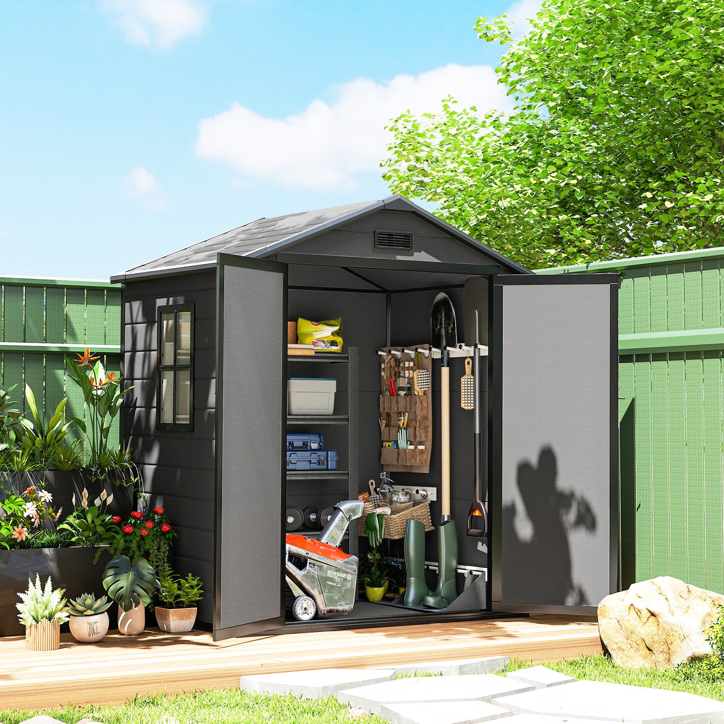 6'x4.5' Garden Storage Shed, Lockable Garden Shed with Double Doors