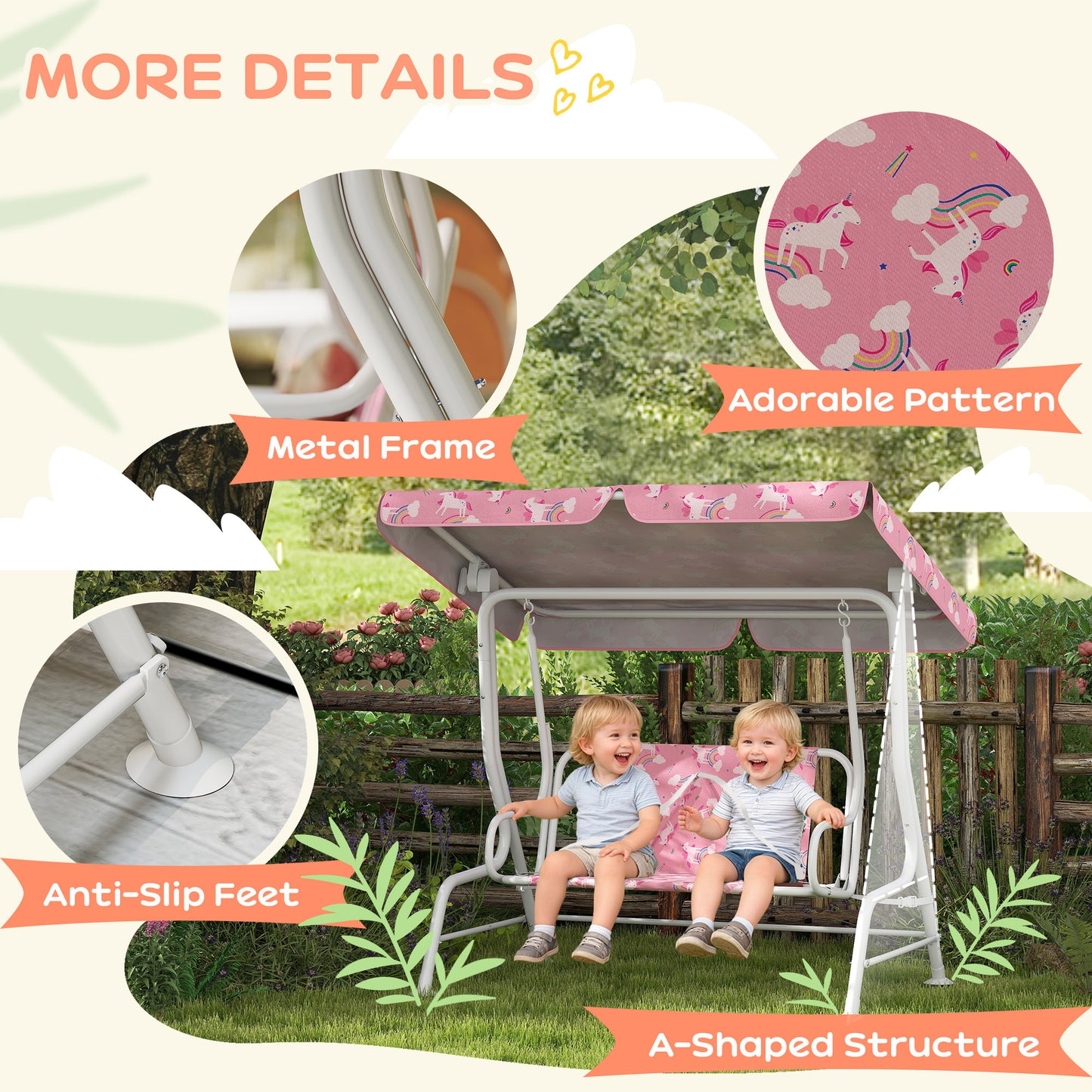 Kids Porch Swing, 2-Seater Patio Swing Bench Hammock with Seat Belts