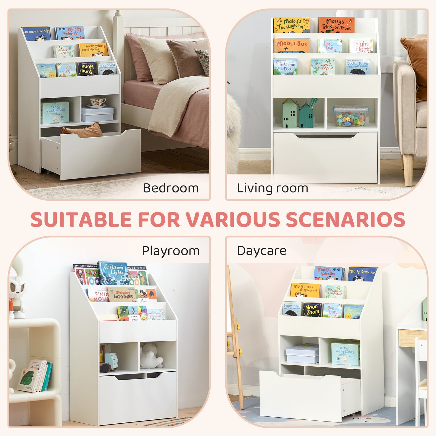 Kids Bookshelf, Toy Organiser, with Storage Drawer, Wheels