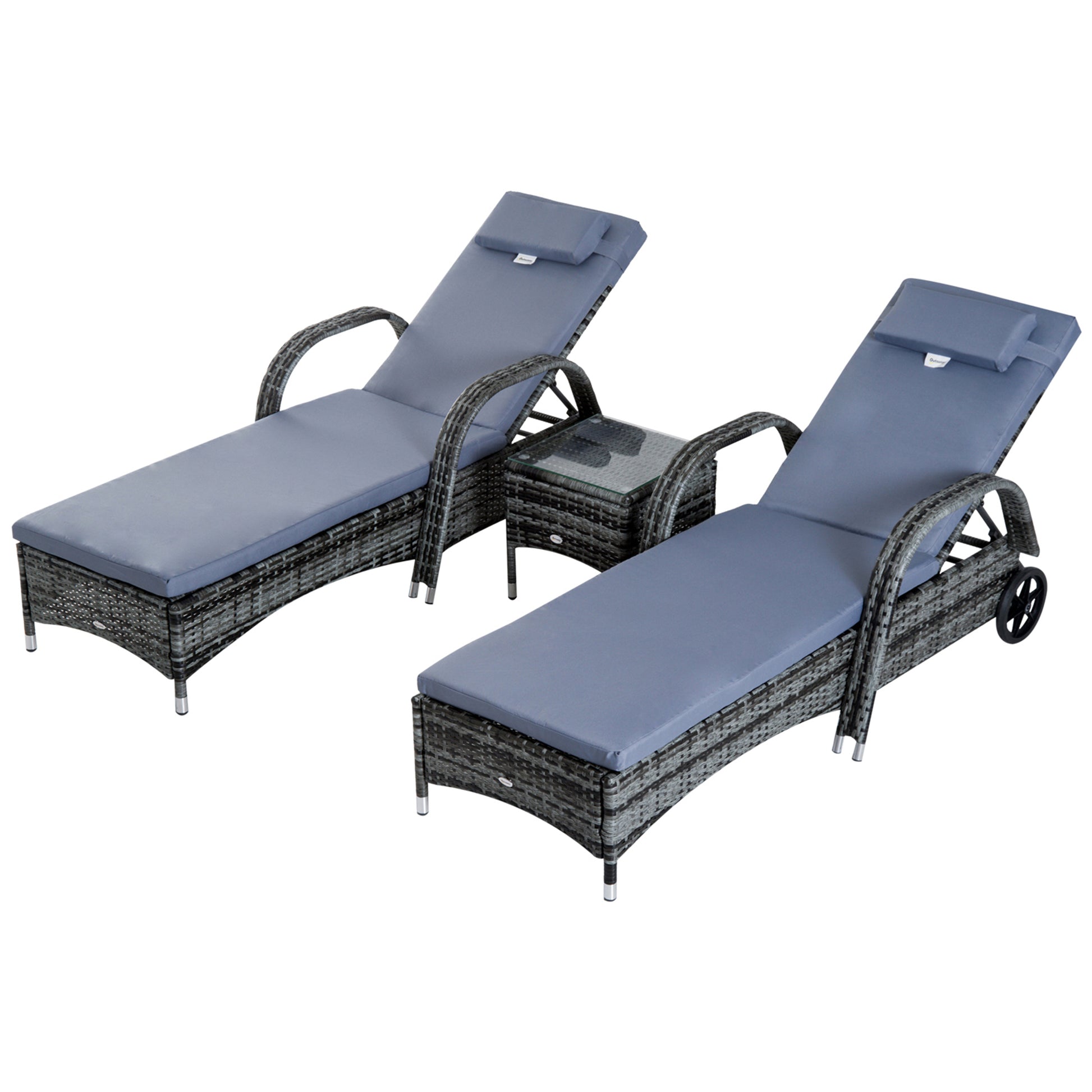 3 Pieces Rattan Sun Loungers, Garden Wicker Wheeling Recliner
