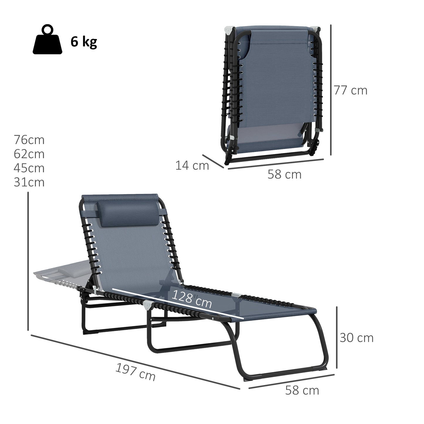 Foldable Sun Lounger, Outdoor 4 Level Adjustable Backrest Reclining