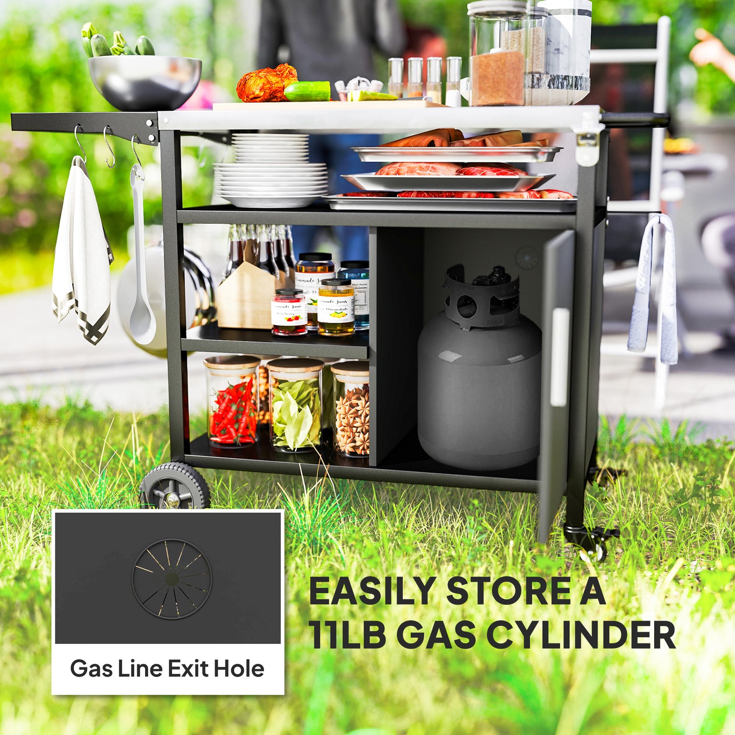 Outdoor BBQ Trolley with Foldable Side Table, Stainless Steel Top