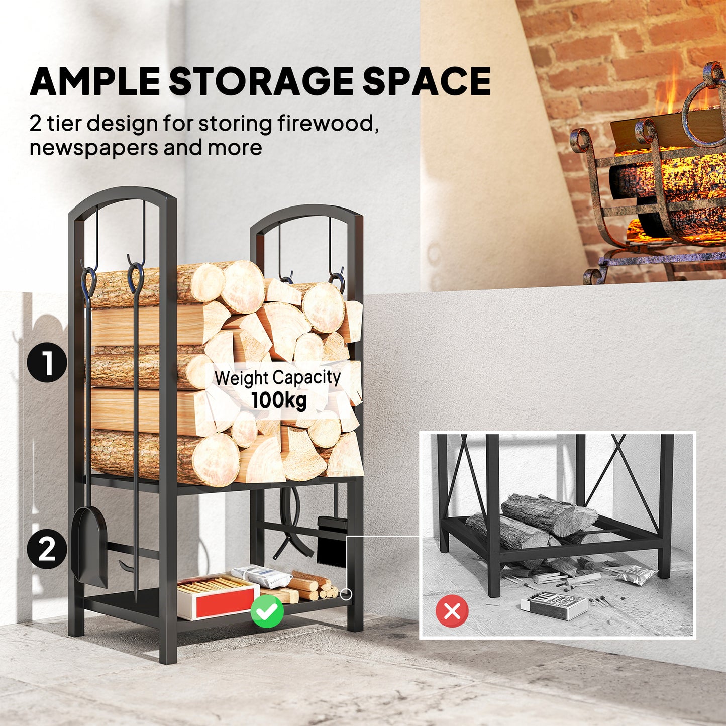 Metal Firewood Log Holder 2 Layer Firewood Rack Indoor Outdoor