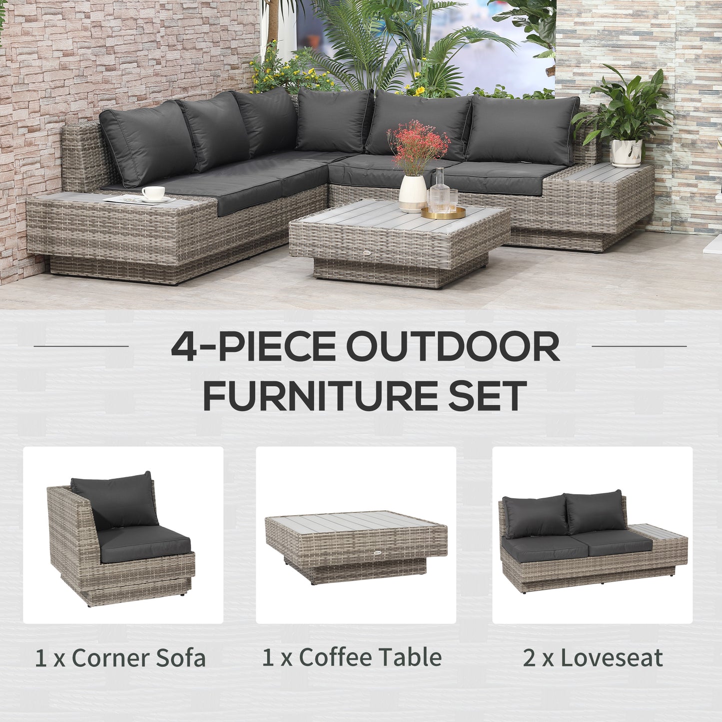 4 PCs Rattan Garden Furniture Outdoor Sectional Corner Sofa