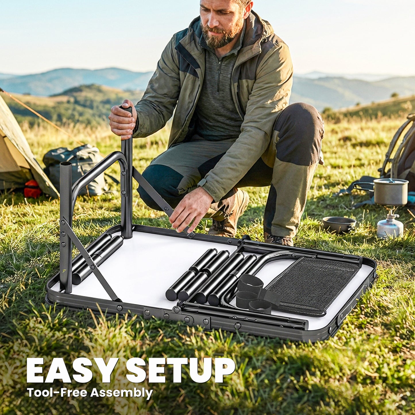 2ft Folding Camping Table, Picnic Table with Mesh Storage Layer