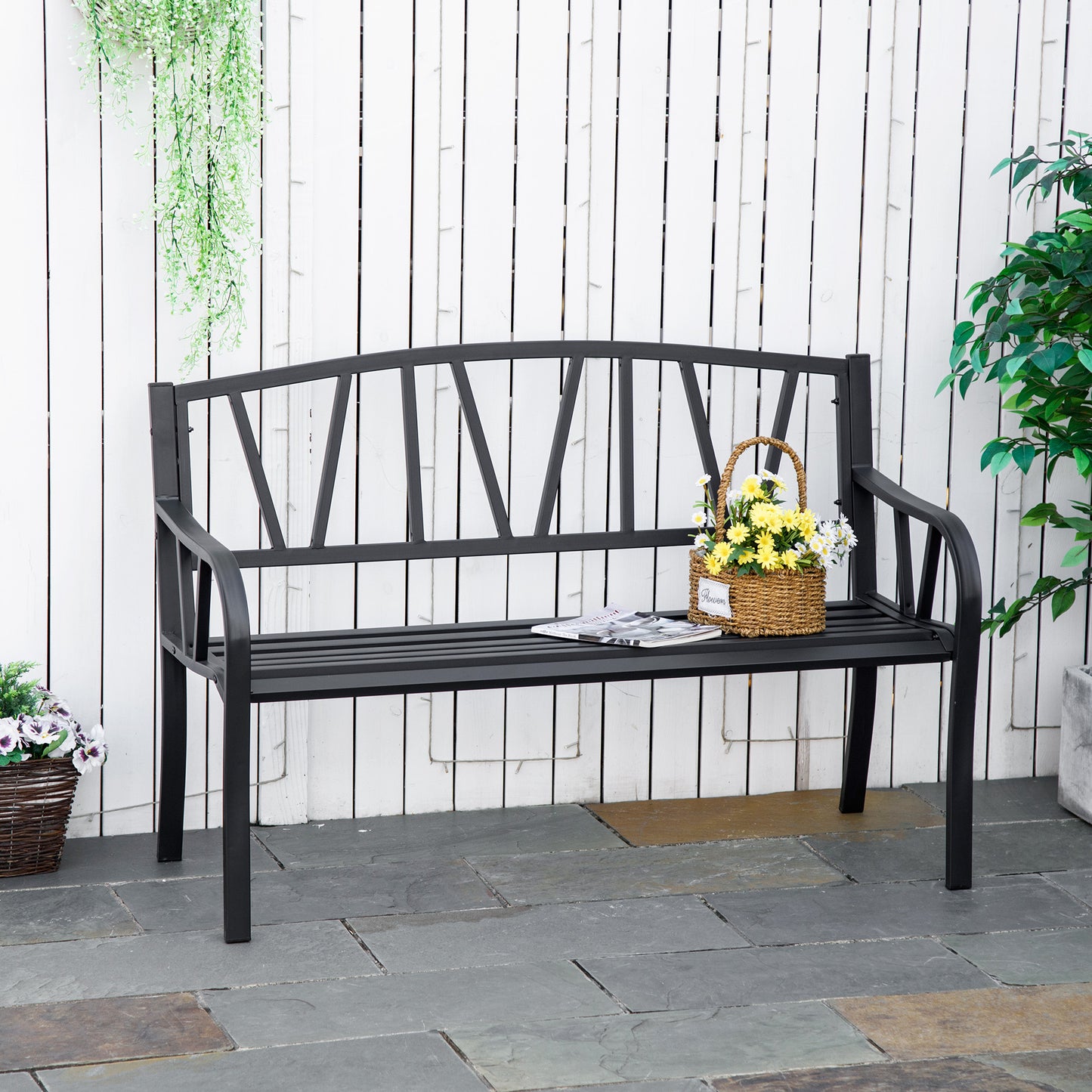 2-Seater Garden Bench Metal Loveseat w/ Decorative Backrest