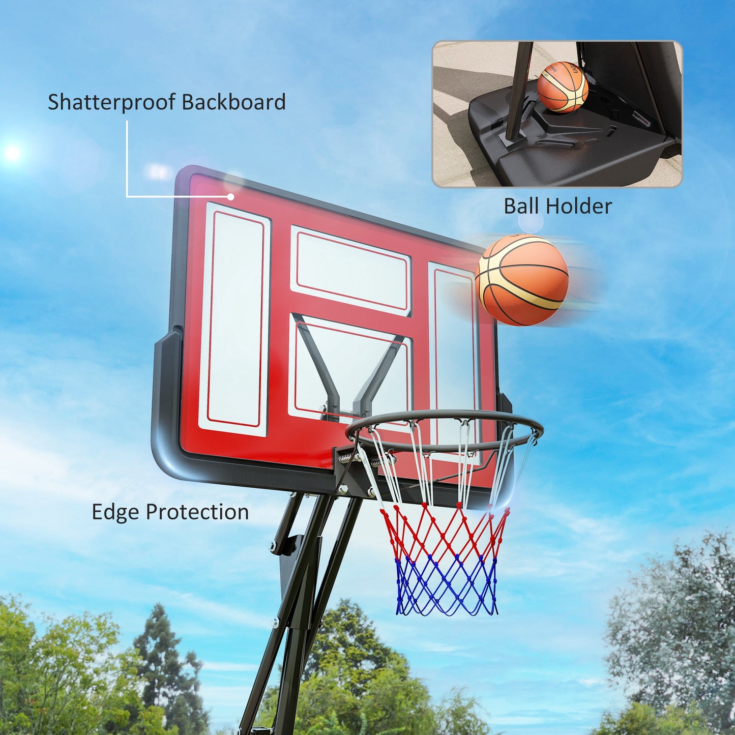 245-305cm Adjustable Basketball Hoop and Stand, with Wheels