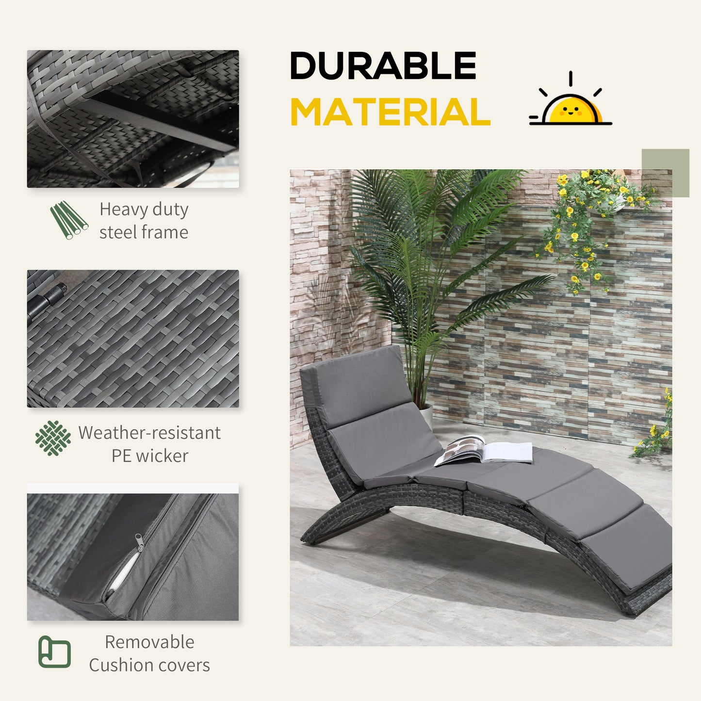 Folding Sun Lounger, PE Rattan Garden Lounger Chair