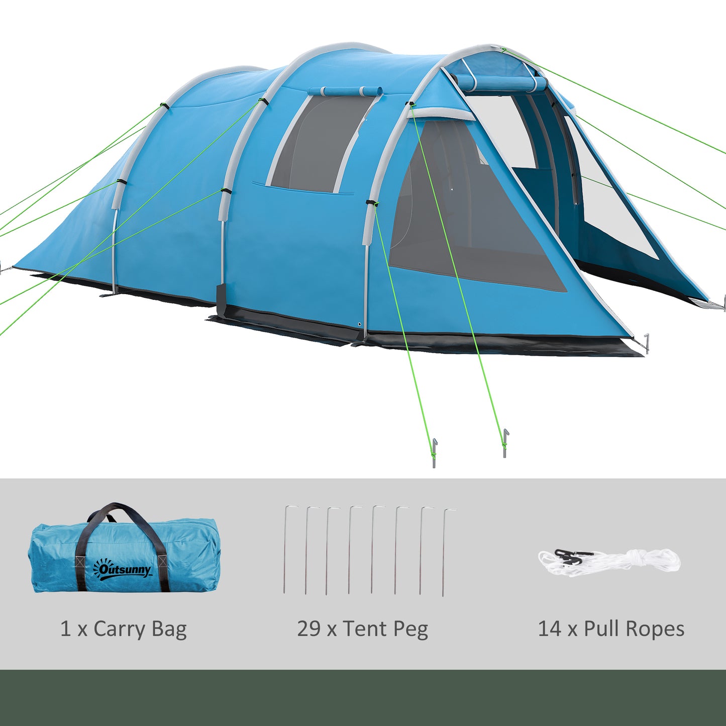 3-4 Man Tunnel Tent, Two Room Camping Tent with Windows