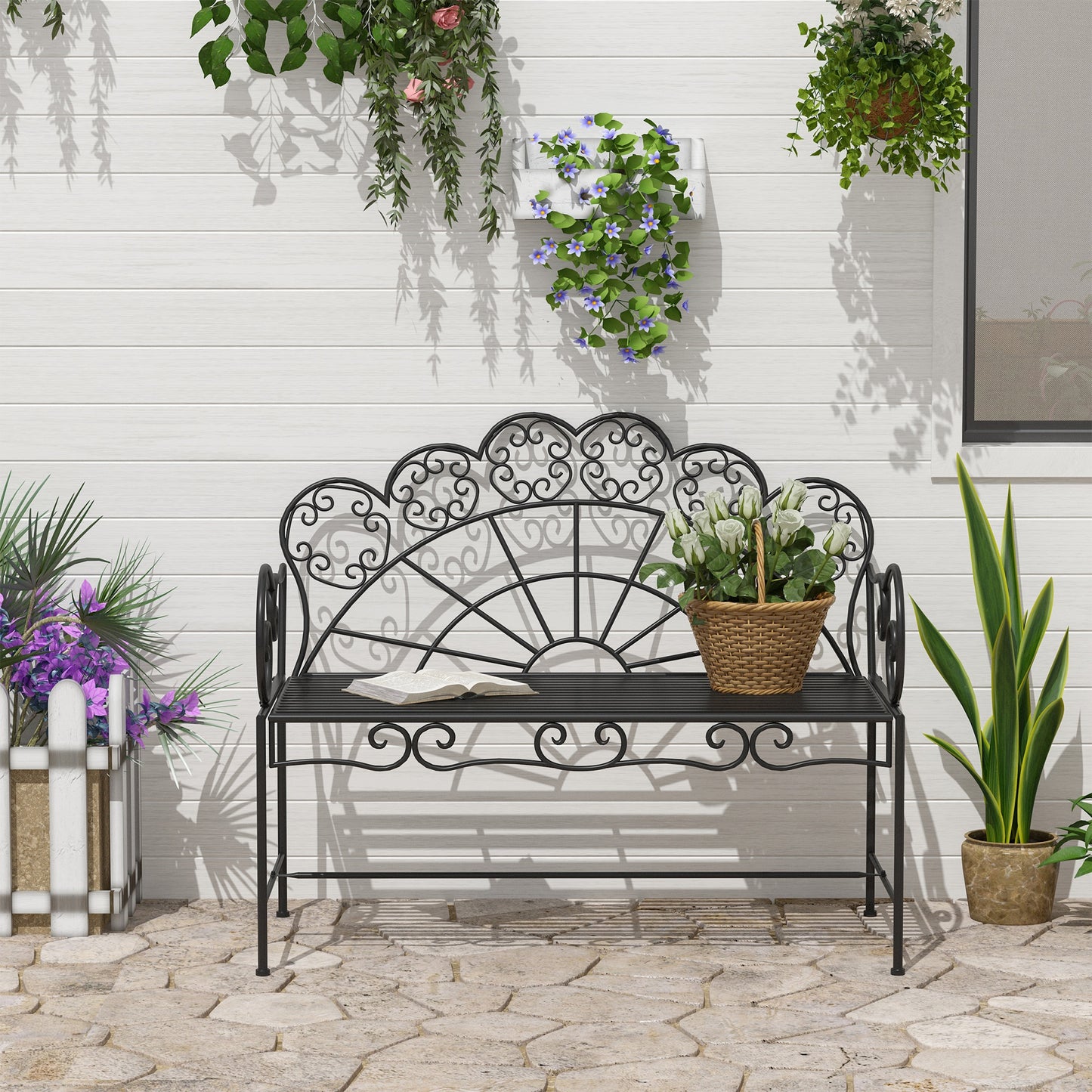 Metal Garden Bench Loveseat with Slatted Seat (1)