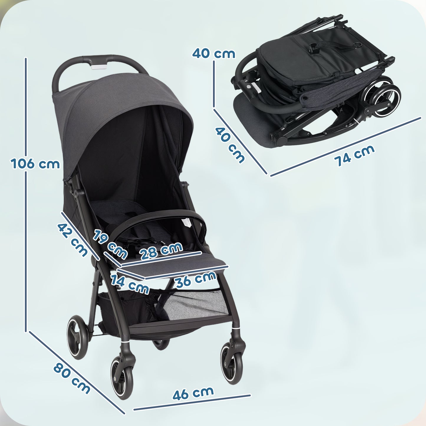Travel Stroller, Lightweight Pushchair, Compact Buggy with Canopy