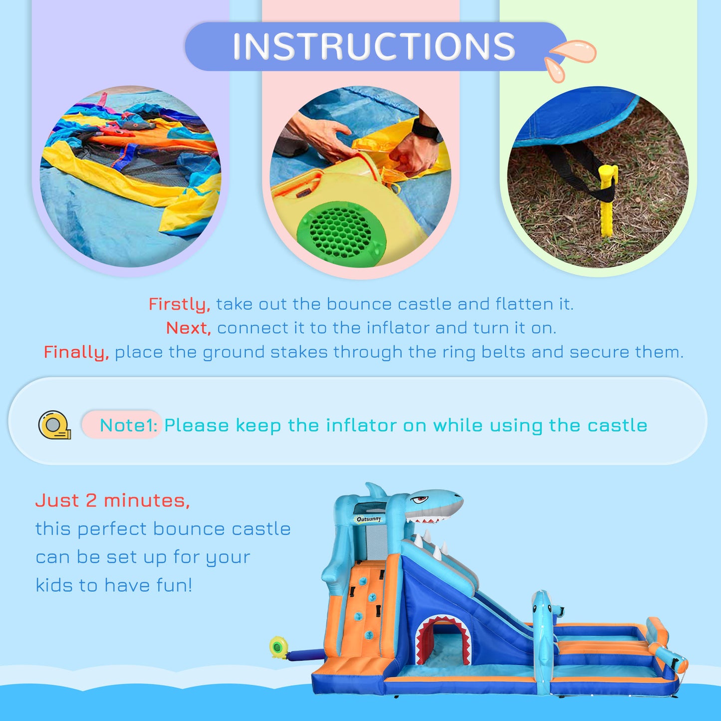 6 in 1 Shark-Themed Bouncy Castle, Inflatable Water Park, with Slide