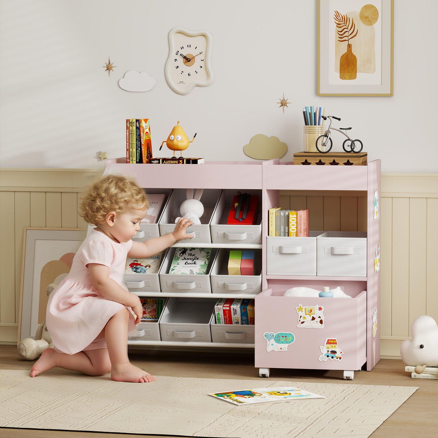 Kids Toy Storage Unit with 11 Bins, Cabinet, Top Shelves, 3 Stickers