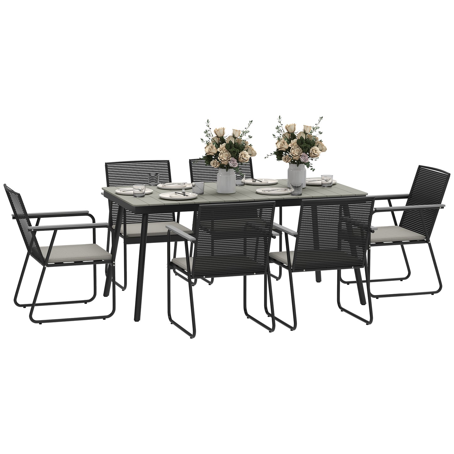6 Seater Garden Dining Set with Soft Cushions, Rattan Backrest