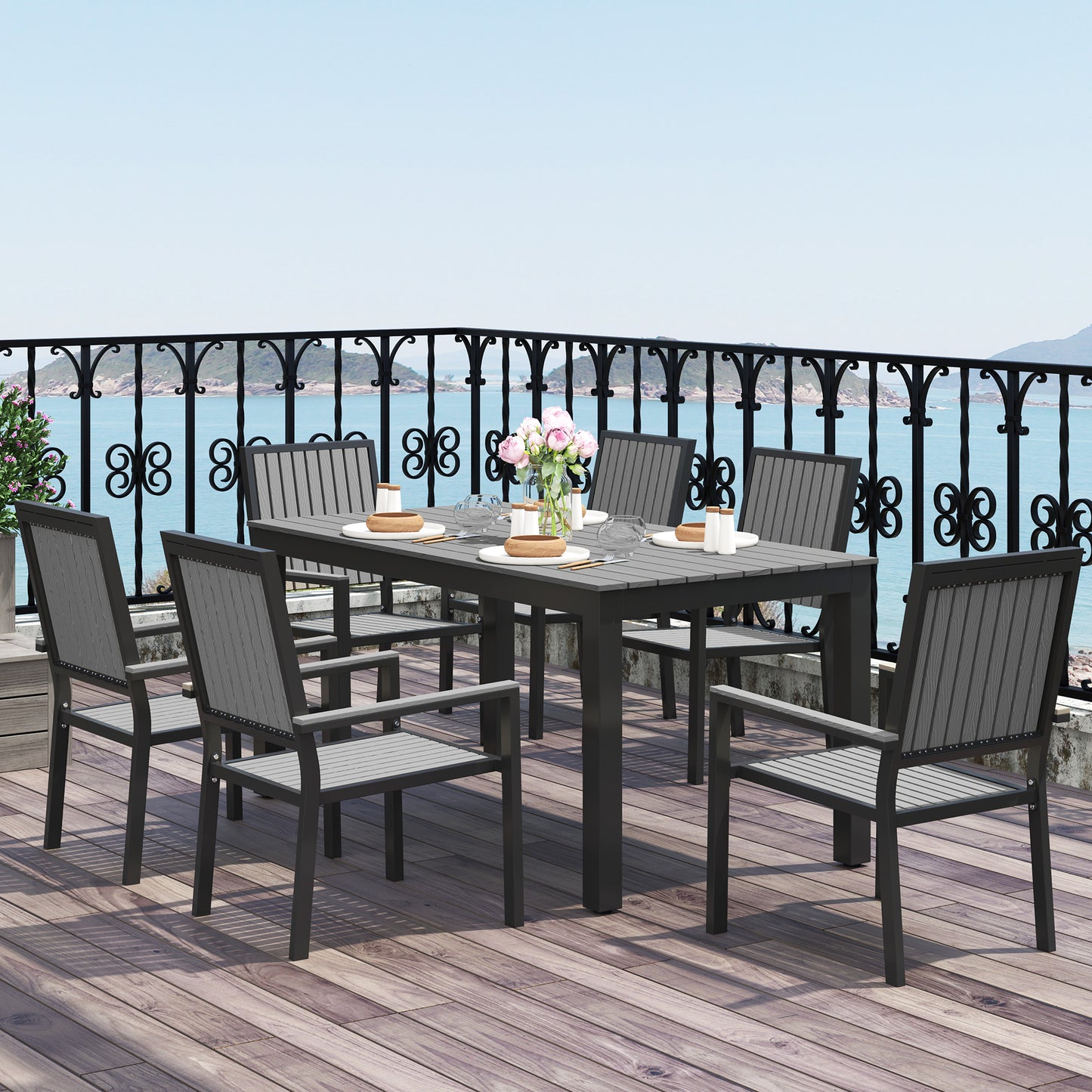 6 Seater Garden Dining Set with Stackable Chairs, Aluminium Frame