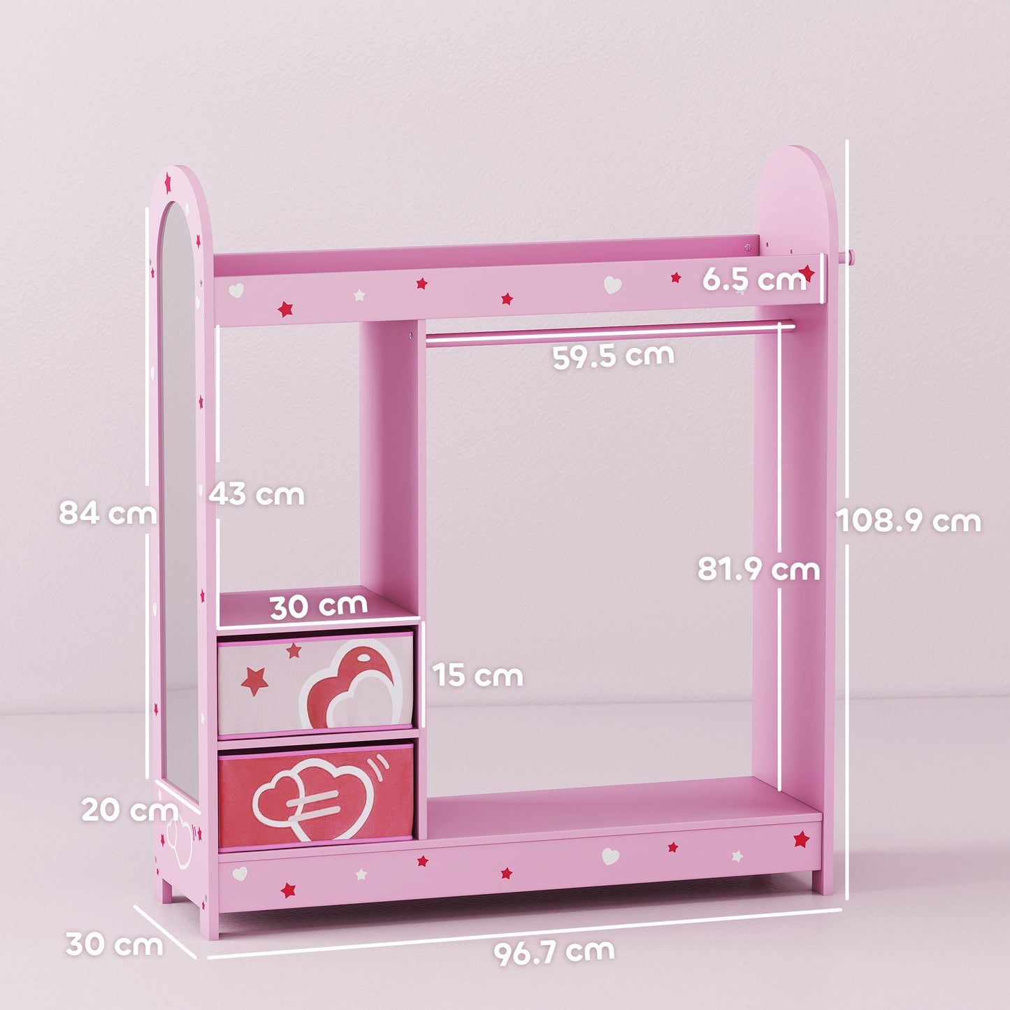 Kids Clothes Rail, Kids Wardrobe with Mirror, Shelves
