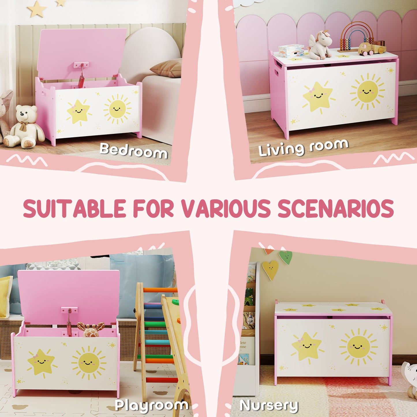 Toy Box with Lid, Safety Hinges and Groove Handles