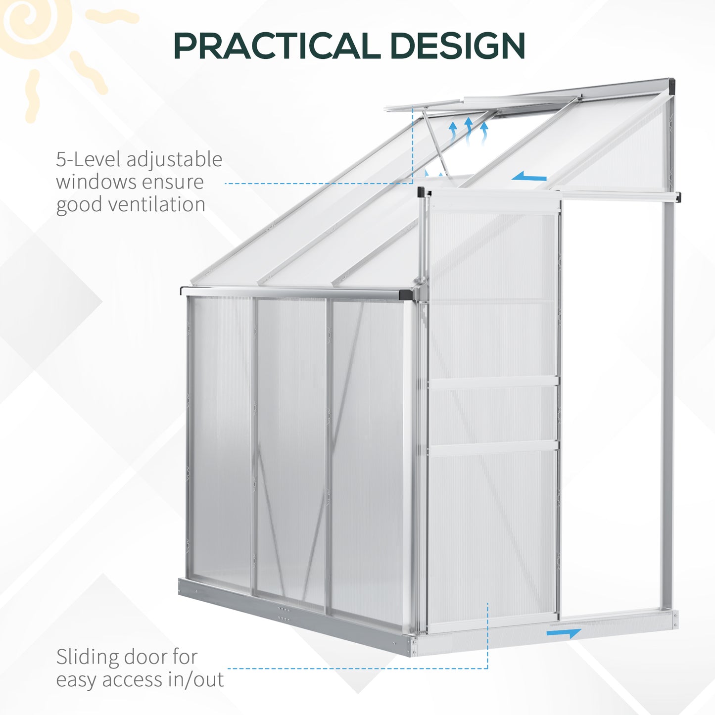 6 x 4ft Lean to Wall Polycarbonate Greenhouse Aluminium Walk-in