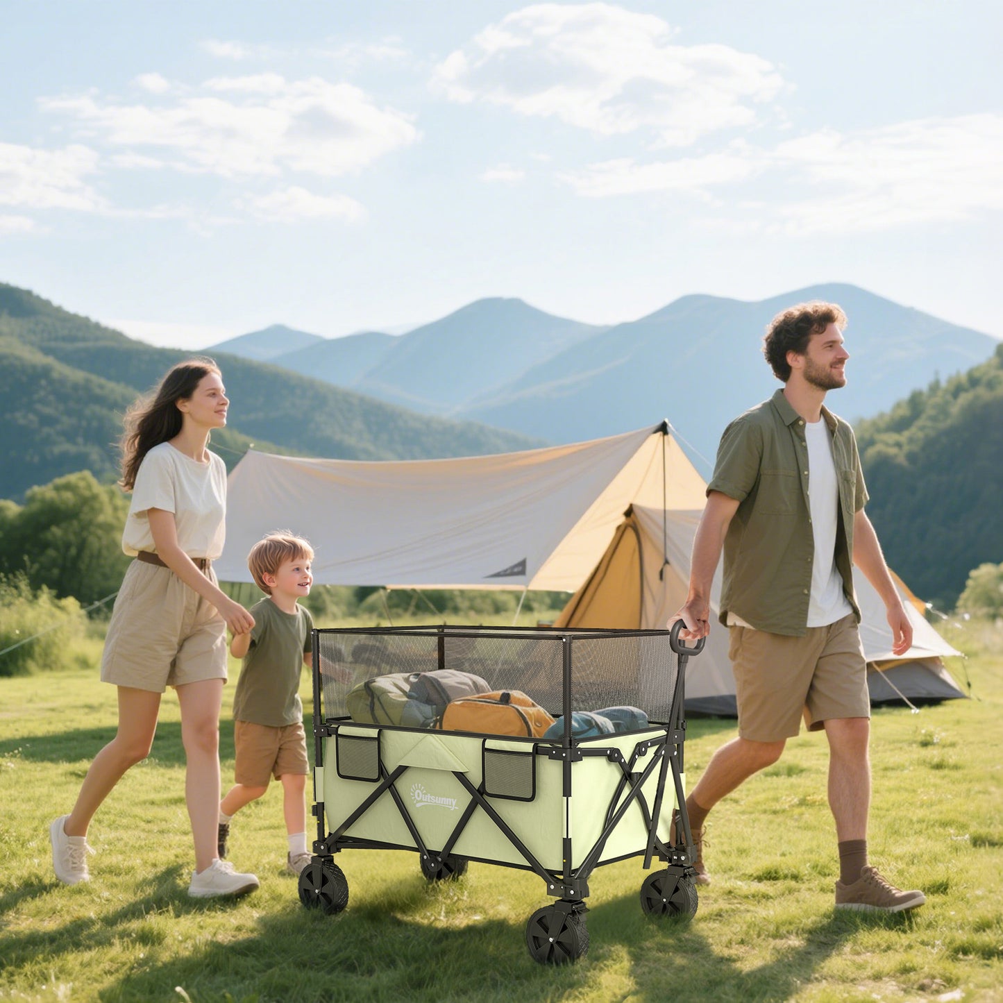 Folding Garden Trolley, 180L Wagon Cart with Extendable Side Walls