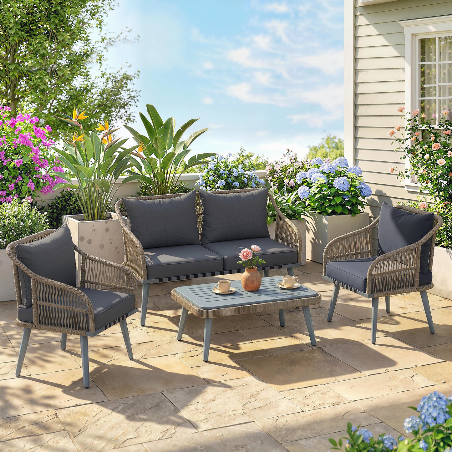 4 Piece Rattan Garden Furniture Set with Loveseat, Armchairs