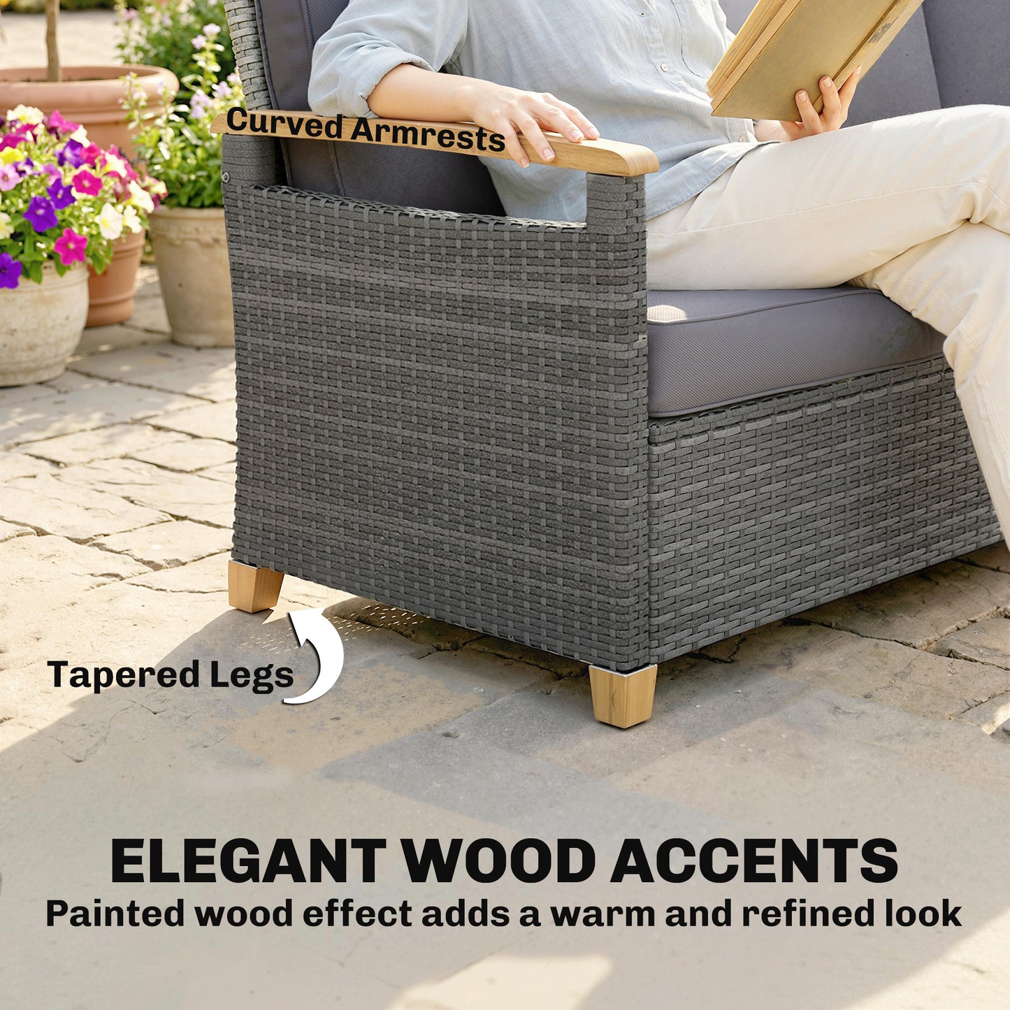 3 Seater Rattan Garden Sofa, PE Wicker Outdoor Sofa Wide Deep Seat