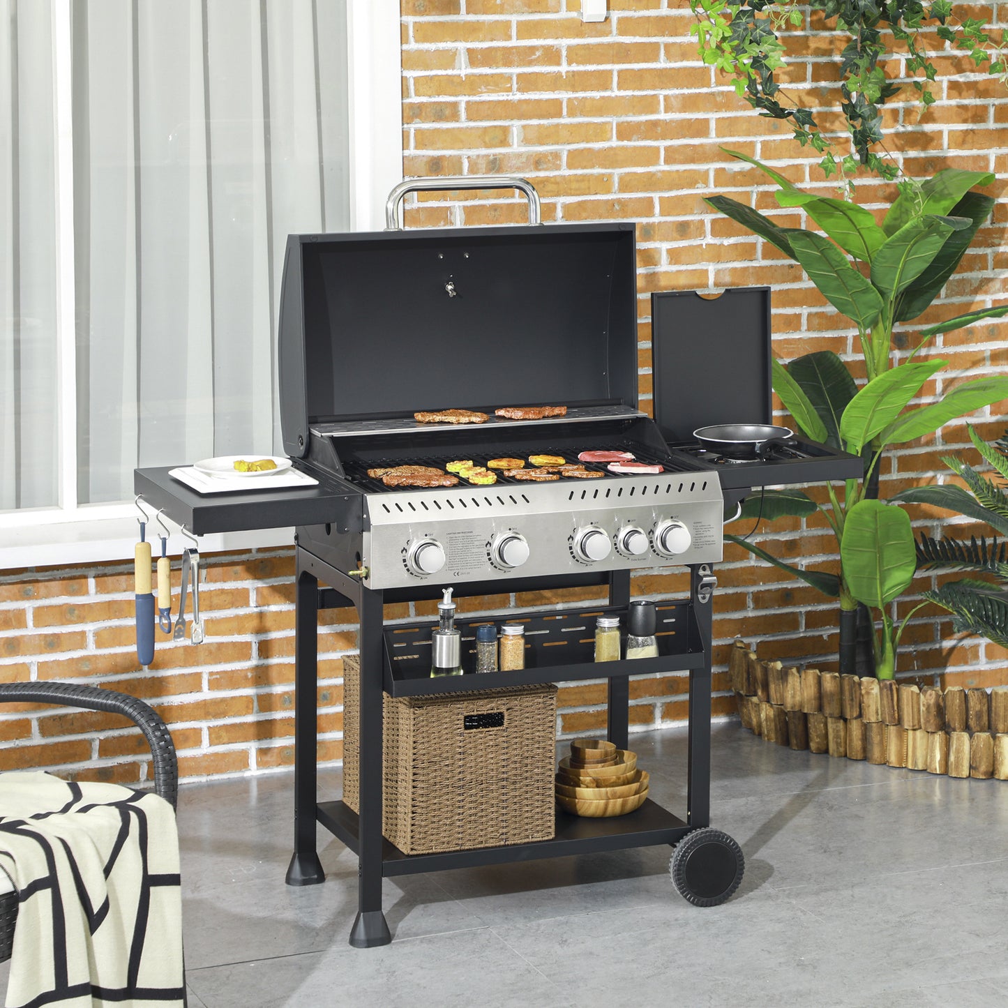 Five-Burner Steel Gas Grill, with Thermometer