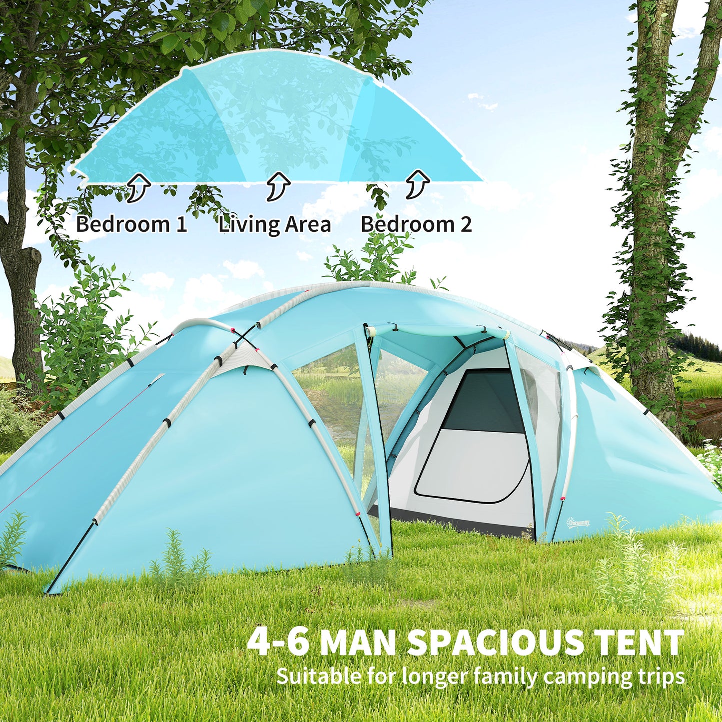 4-6 Man Family Camping Tent w/ 2 Bedrooms and a Living Room
