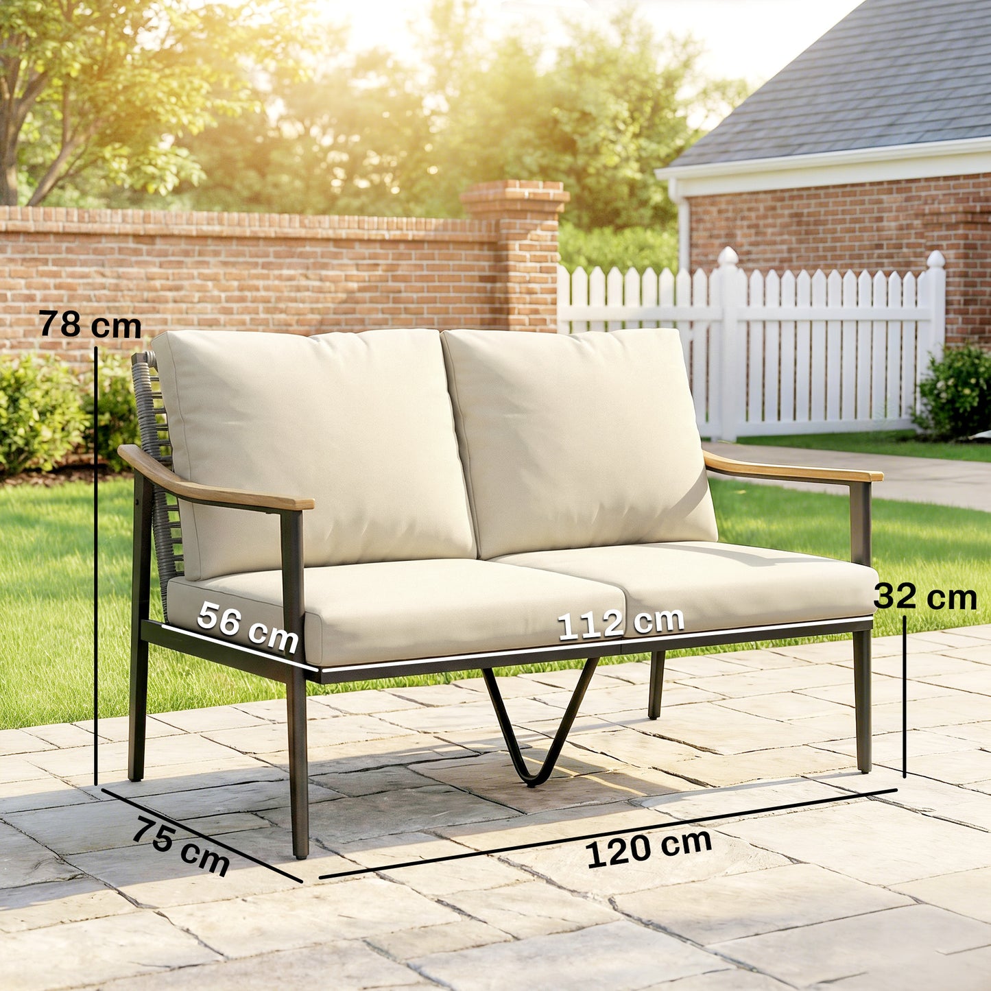 2 Seater Rattan Sofa, Outdoor Garden Sofa with Wood-Effect Armrests