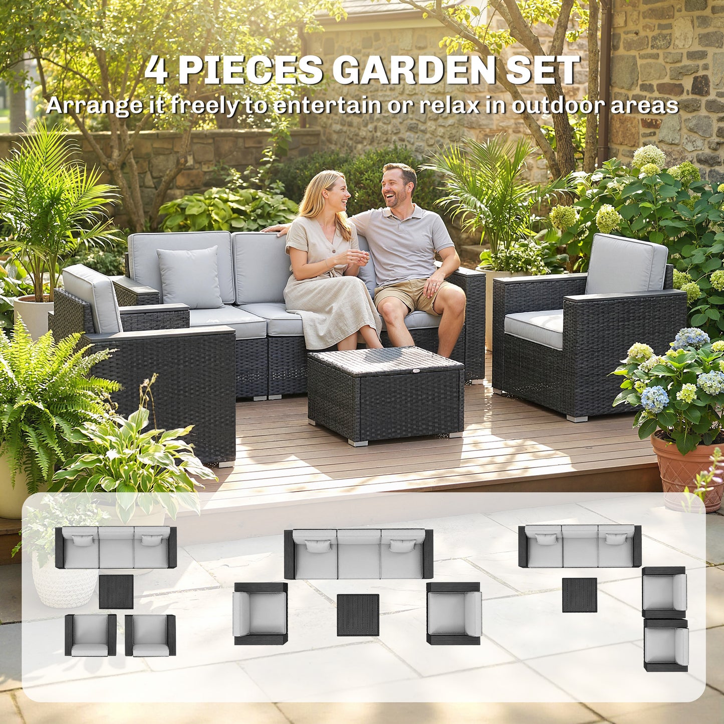 5 Seater Rattan Garden Furniture Set with Wide Armrests, Cushions