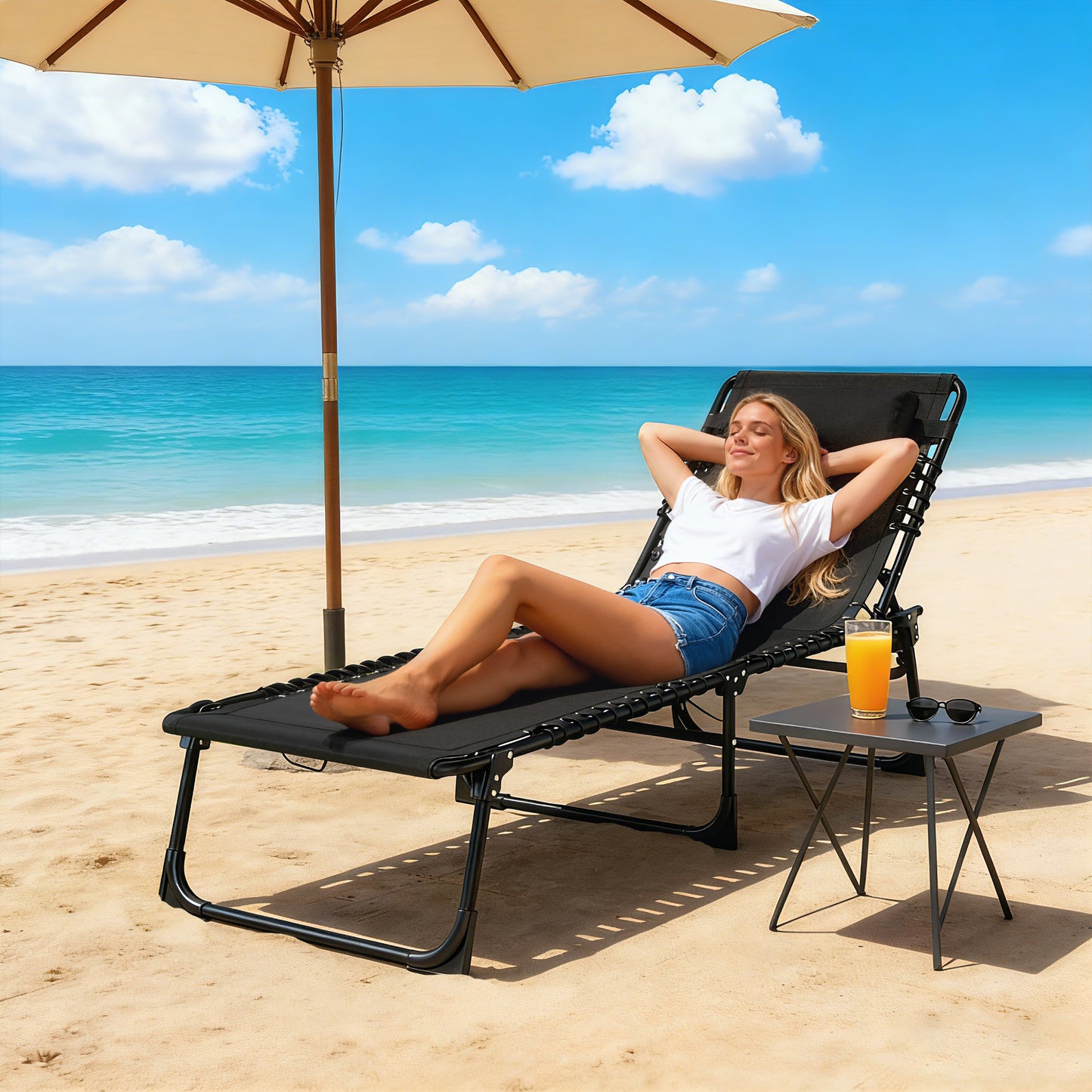 Foldable Sun Lounger, Outdoor 4 Level Adjustable Backrest Reclining