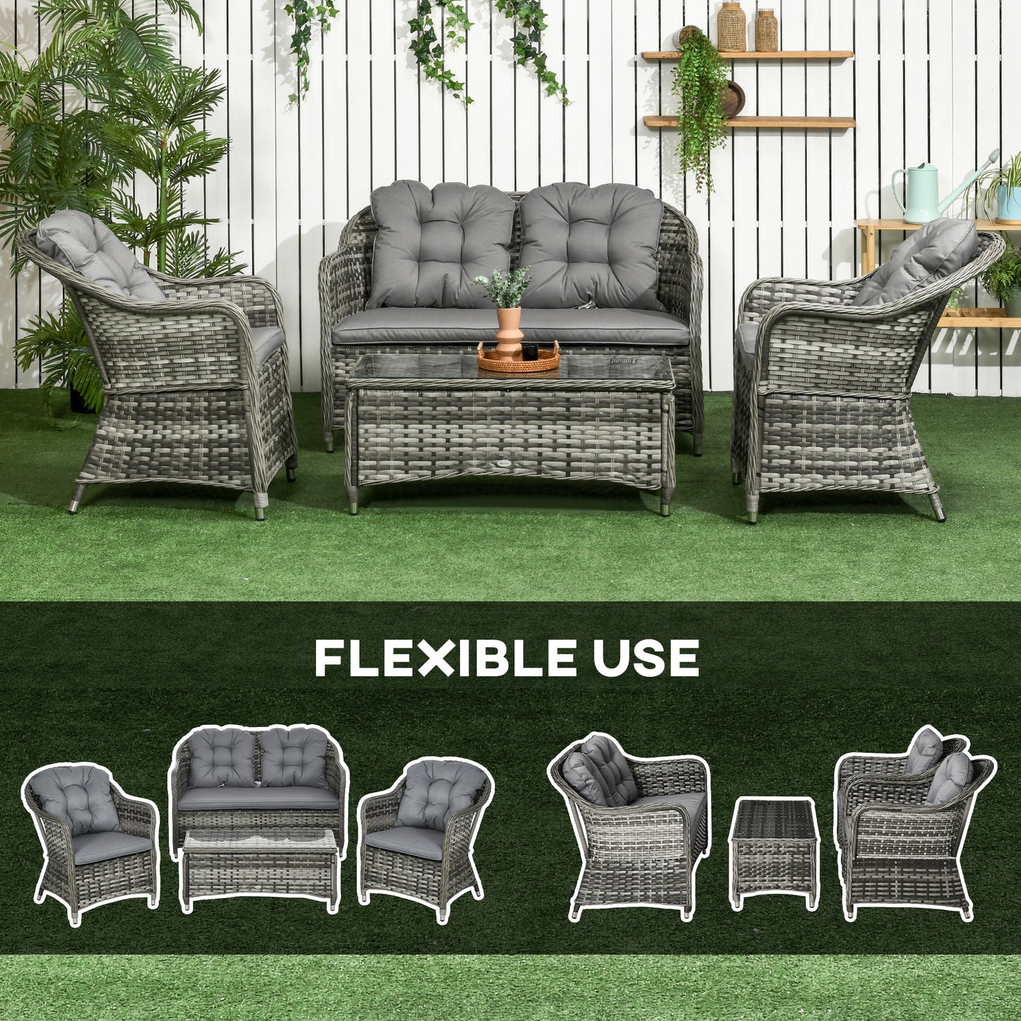 Four-Piece Rattan Sofa Set, with Glass-Top Table