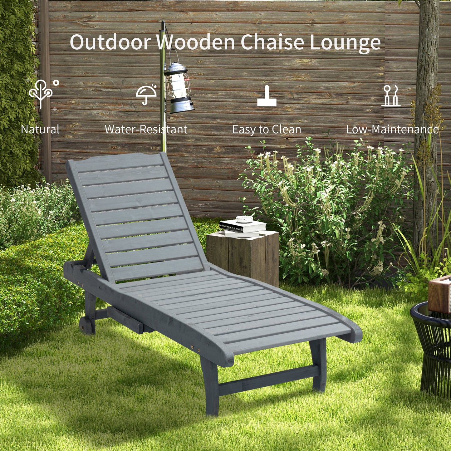 Garden Patio Sun Lounger, Outdoor Wooden Sun Bed with Built-In Table
