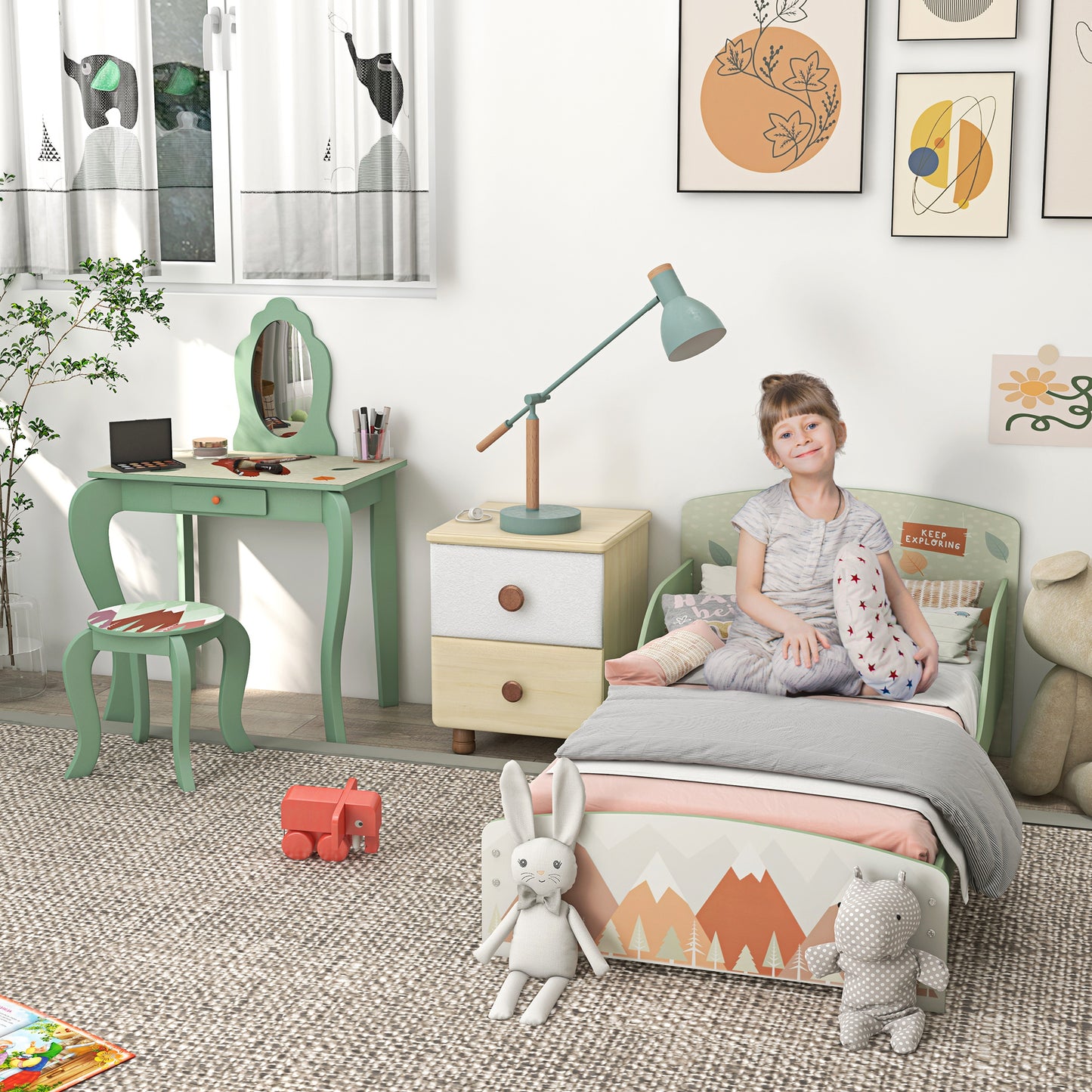 Toddler Bed Frame, Kids Dressing Table with Mirror and Stool