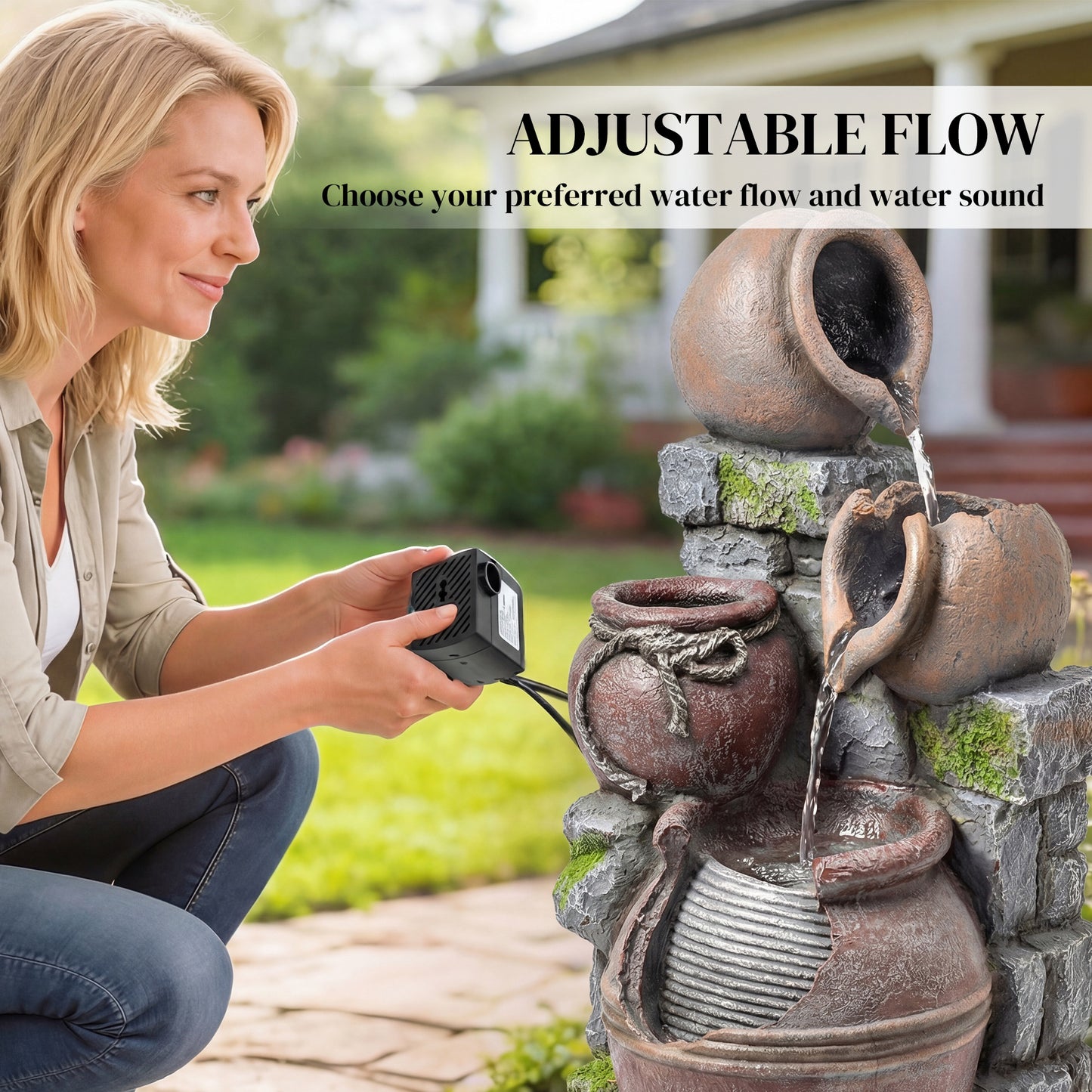Outdoor Fountain with 4-Tier Rustic Pots & Planter