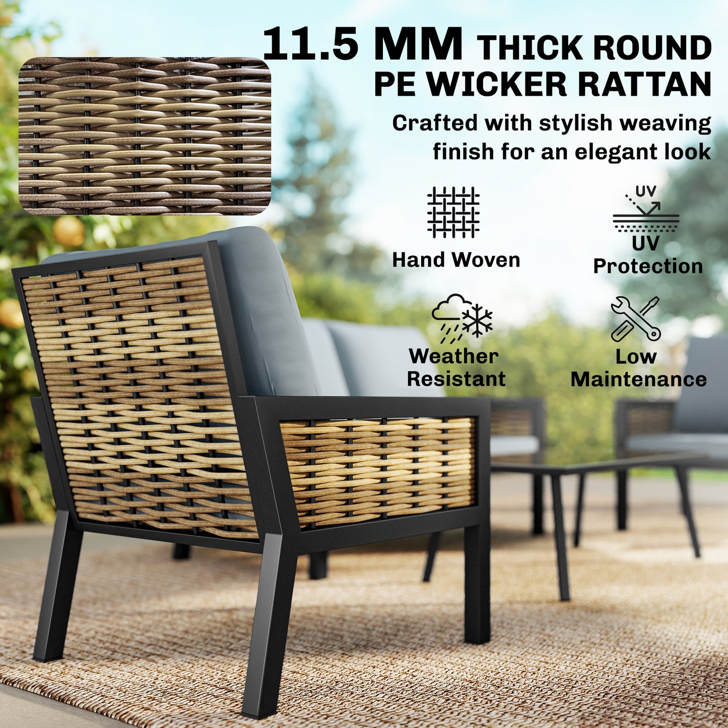 4 Seater Rattan Garden Furniture Set with 2 Armchairs, Loveseat (3)