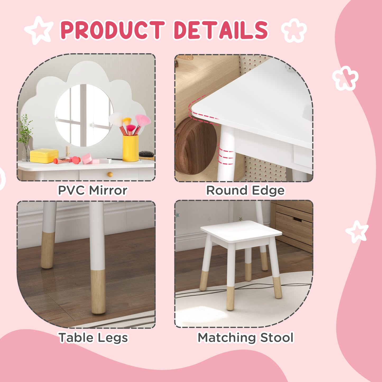Kids Dressing Table with Mirror, Stool, Drawer, Cloud Design