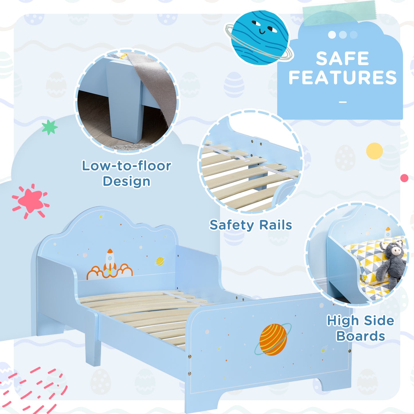 Space Themed Toddler Bed, Kids Bedroom Furniture, with Safety Rails