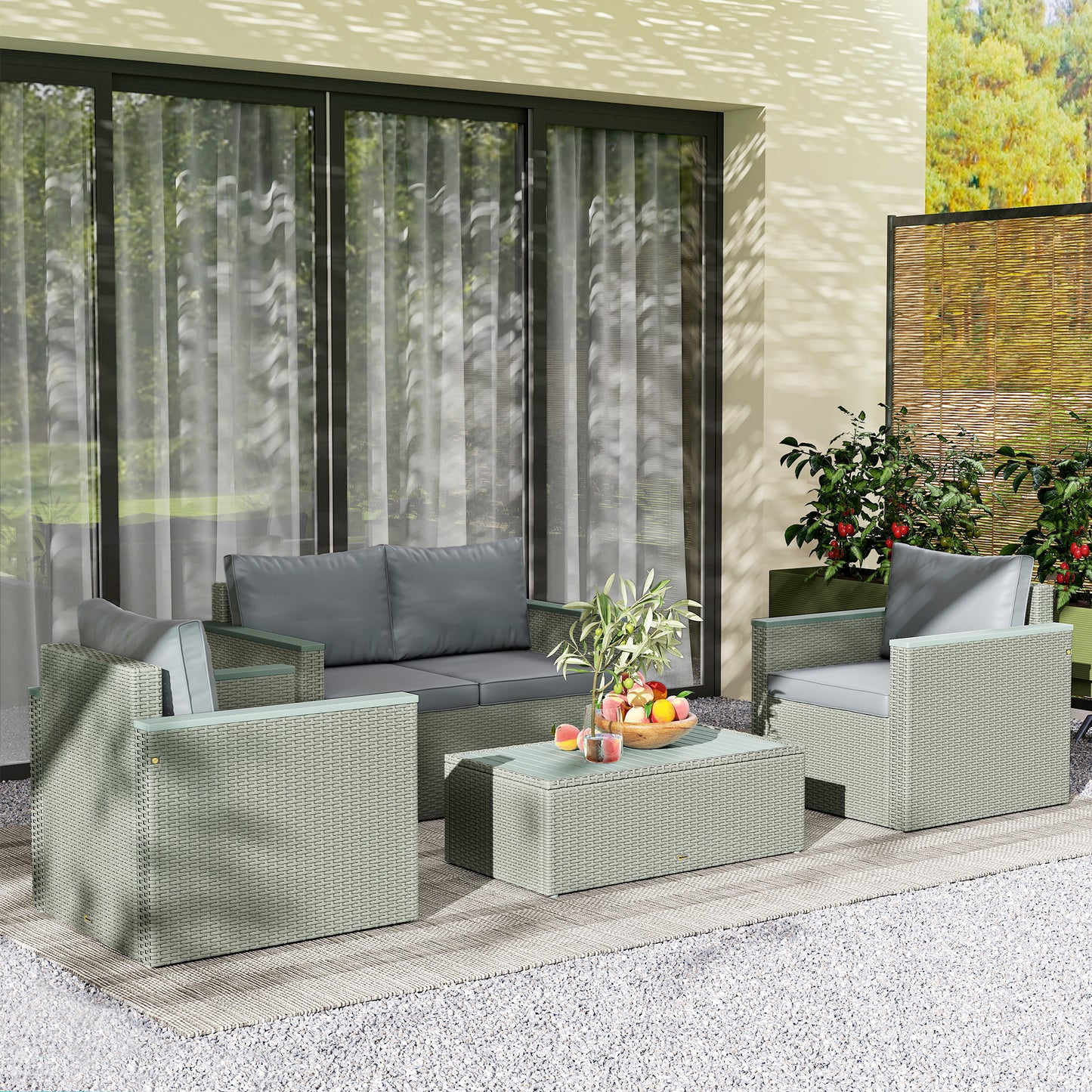 Four-Piece Rattan Sofa Set, with Wood-Top Table