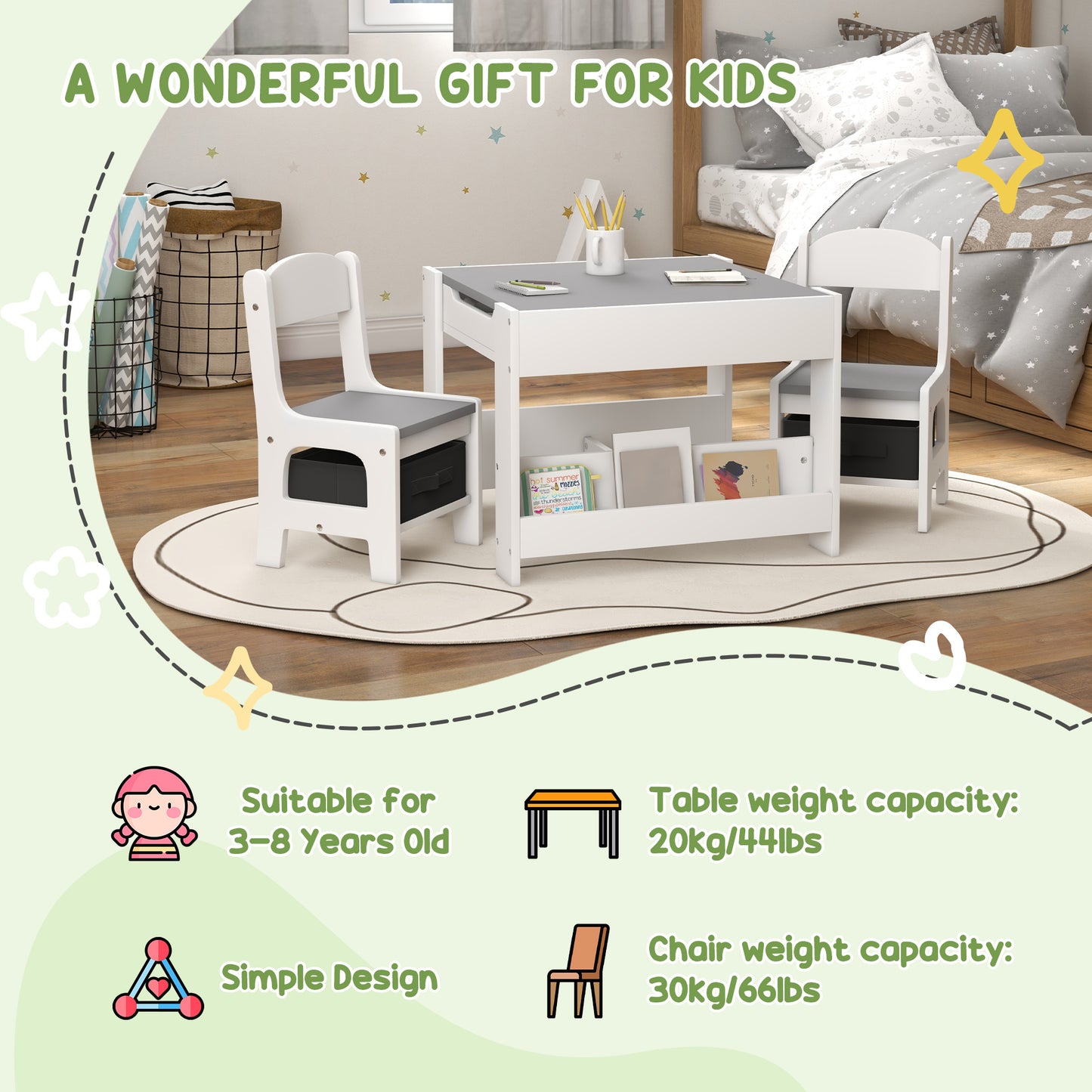 Three-Piece Kids Table and Chair Set with Blackboard, Storage