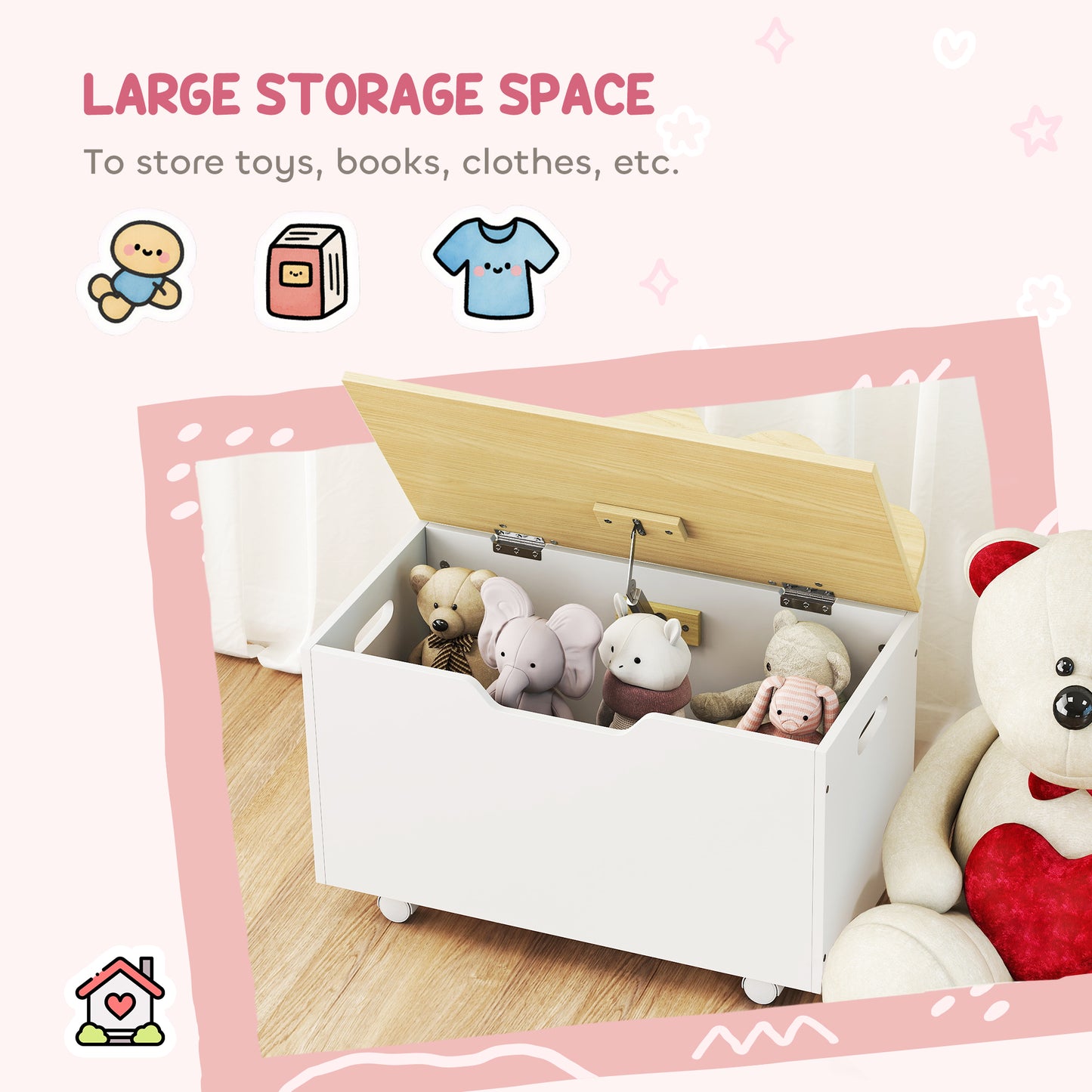 Toy Box with Lid, Toy Chest with Wheels and Safety Hinges