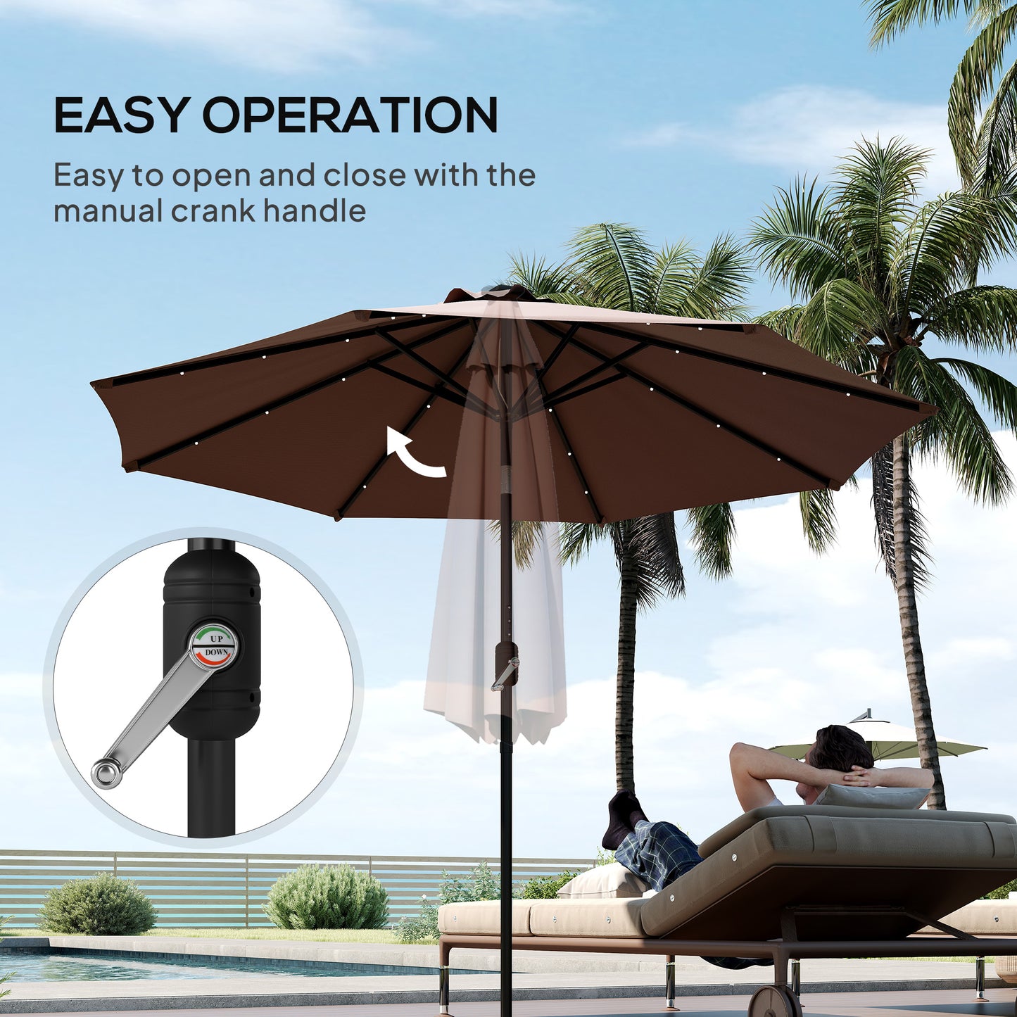 Φ2.7m Garden 24 LED Light Parasol Solar Outdoor Tilt Sun Umbrella