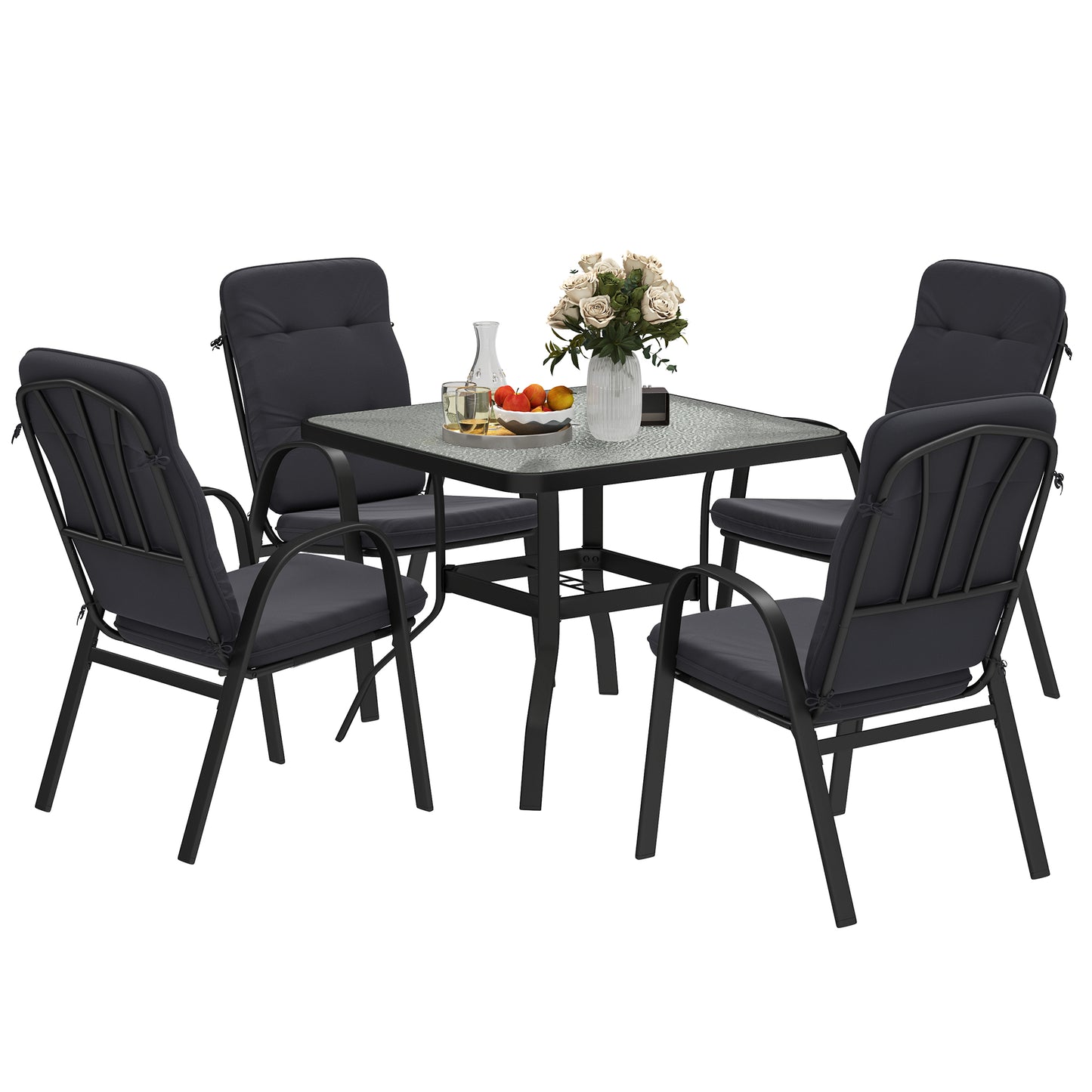 5 Pieces Outdoor Square Garden Dining Set w/ Tempered Glass Dining