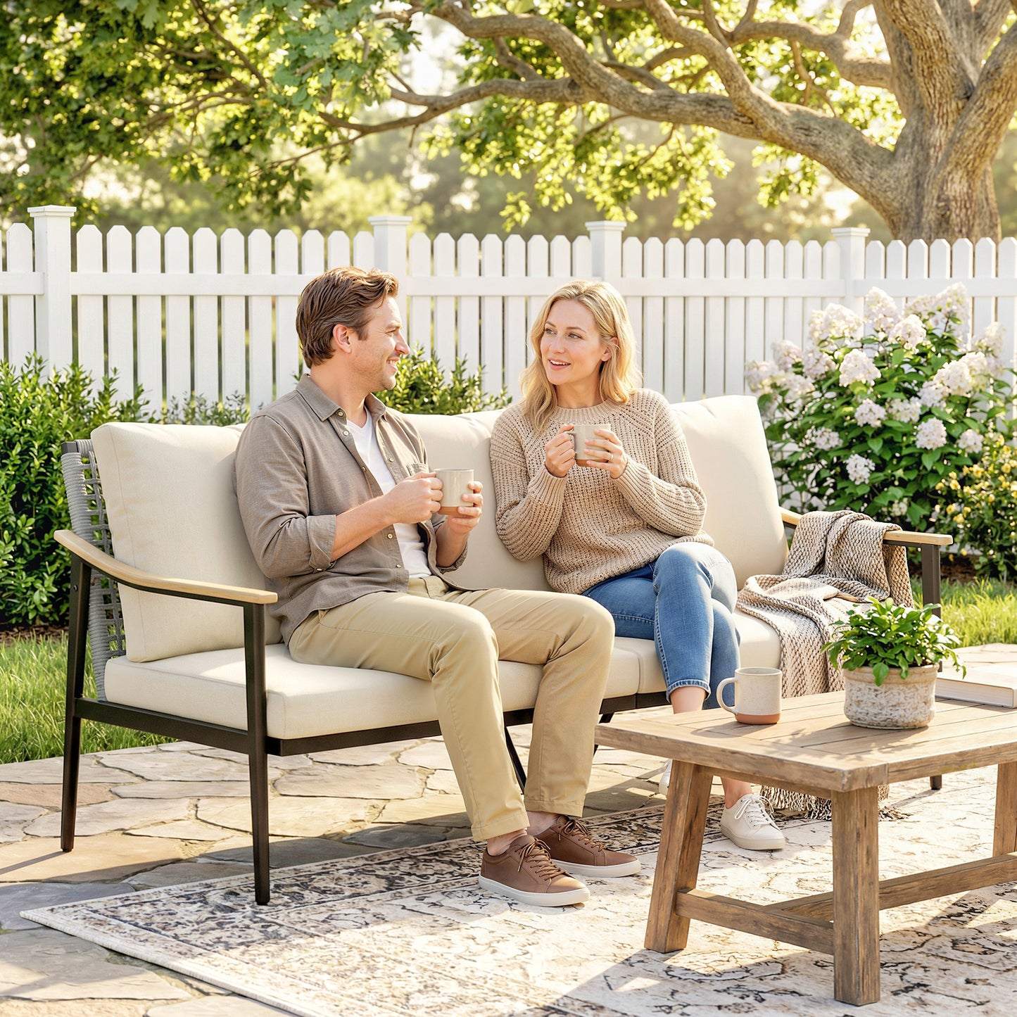 3 Seater Rattan Sofa, Outdoor Garden Sofa with Wood-Effect Armrests