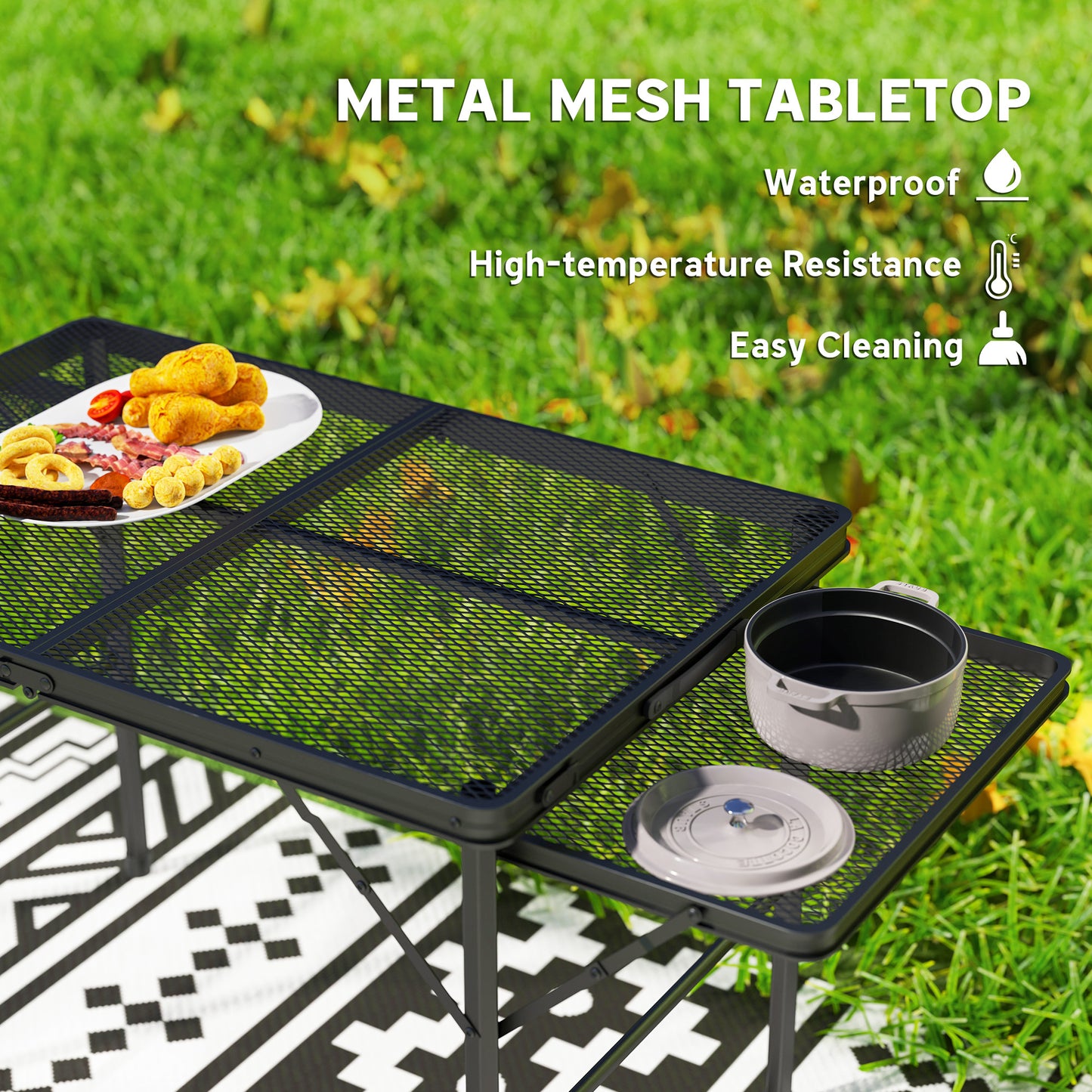 Folding Grill Table, 4.5ft Portable Camping Table with 2 Wing Panels