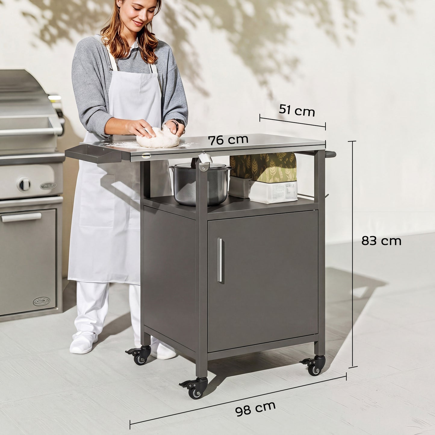 Grill Cart with Stainless Steel Top, Pizza Oven Stand with Cabinet
