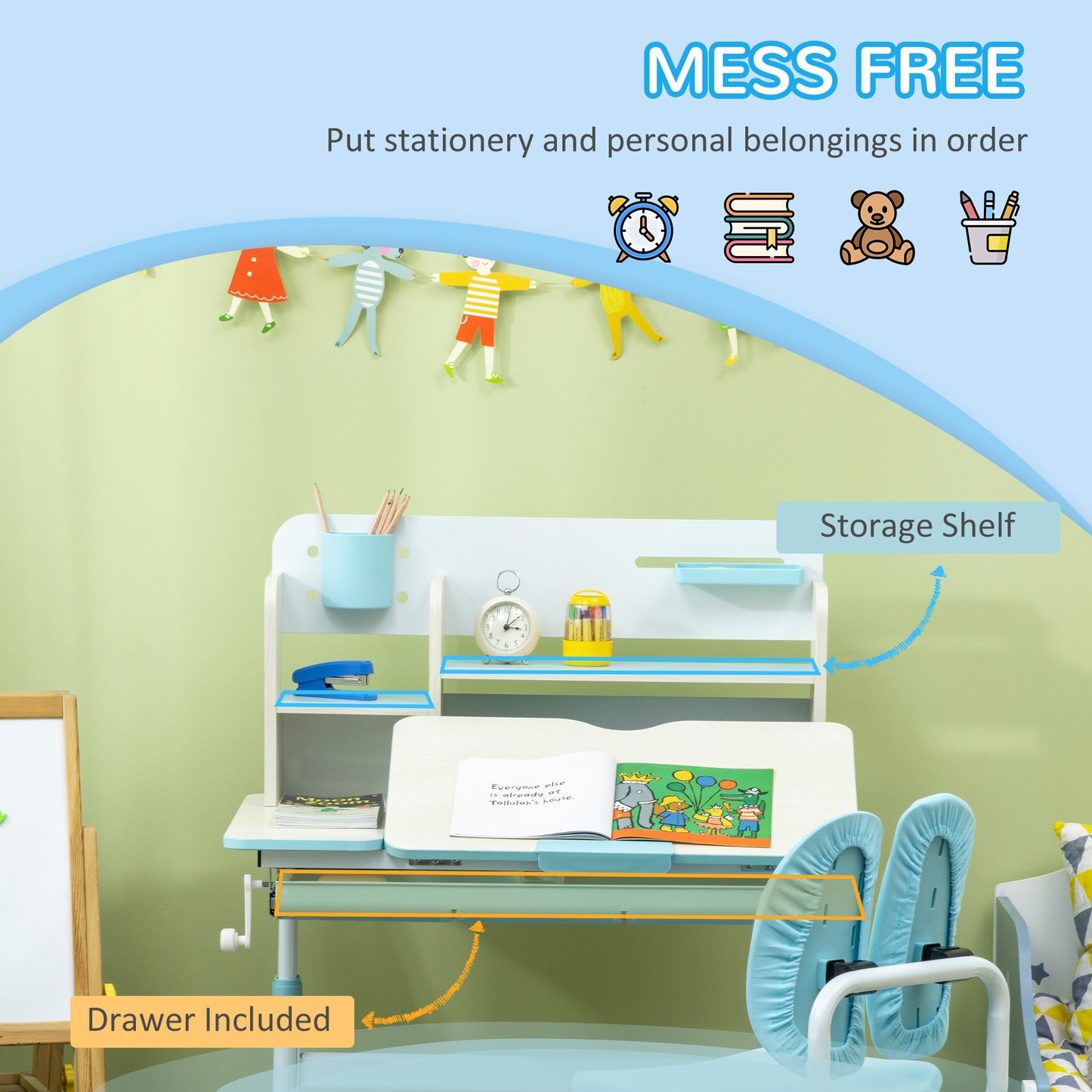 Kids Desk and Chair Set, with Storage Shelves, Washable Cover