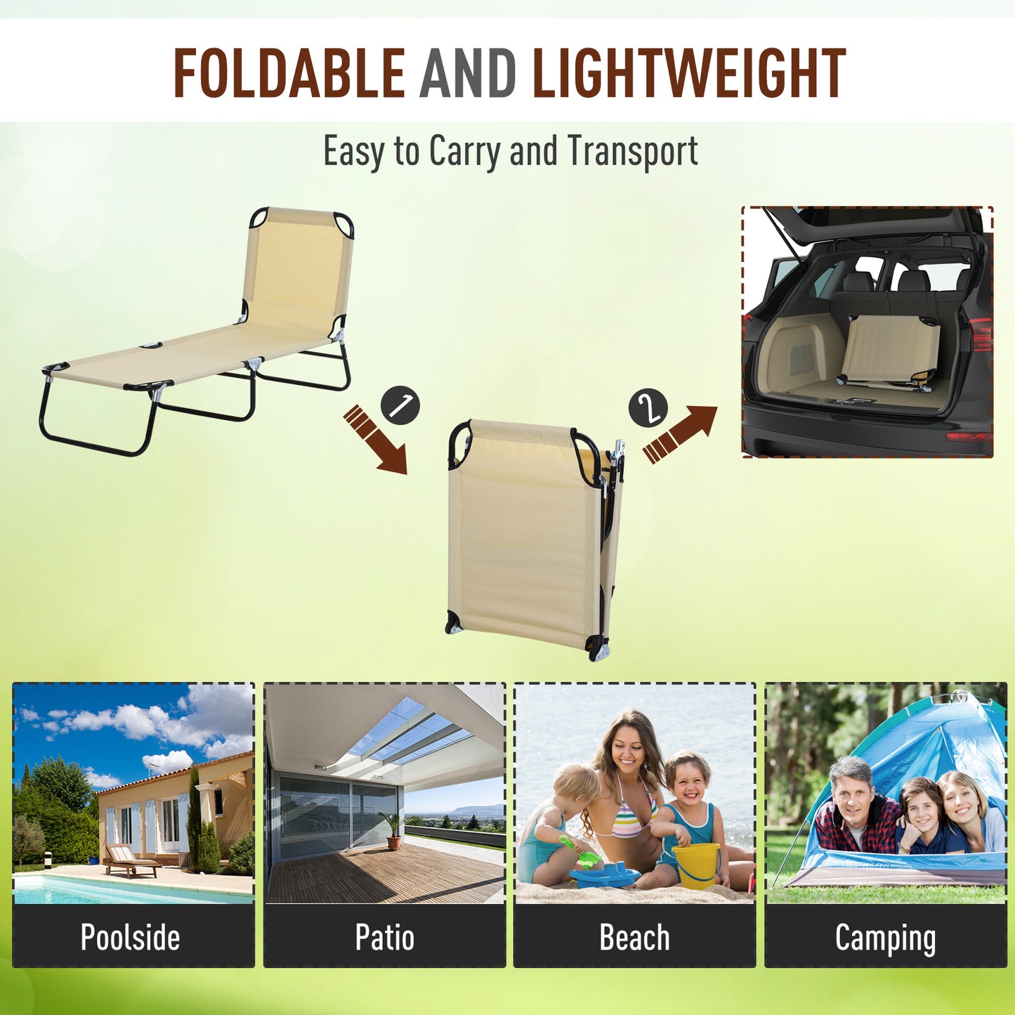 2 Piece Foldable Sun Loungers with 5-Position Adjustable Backrest