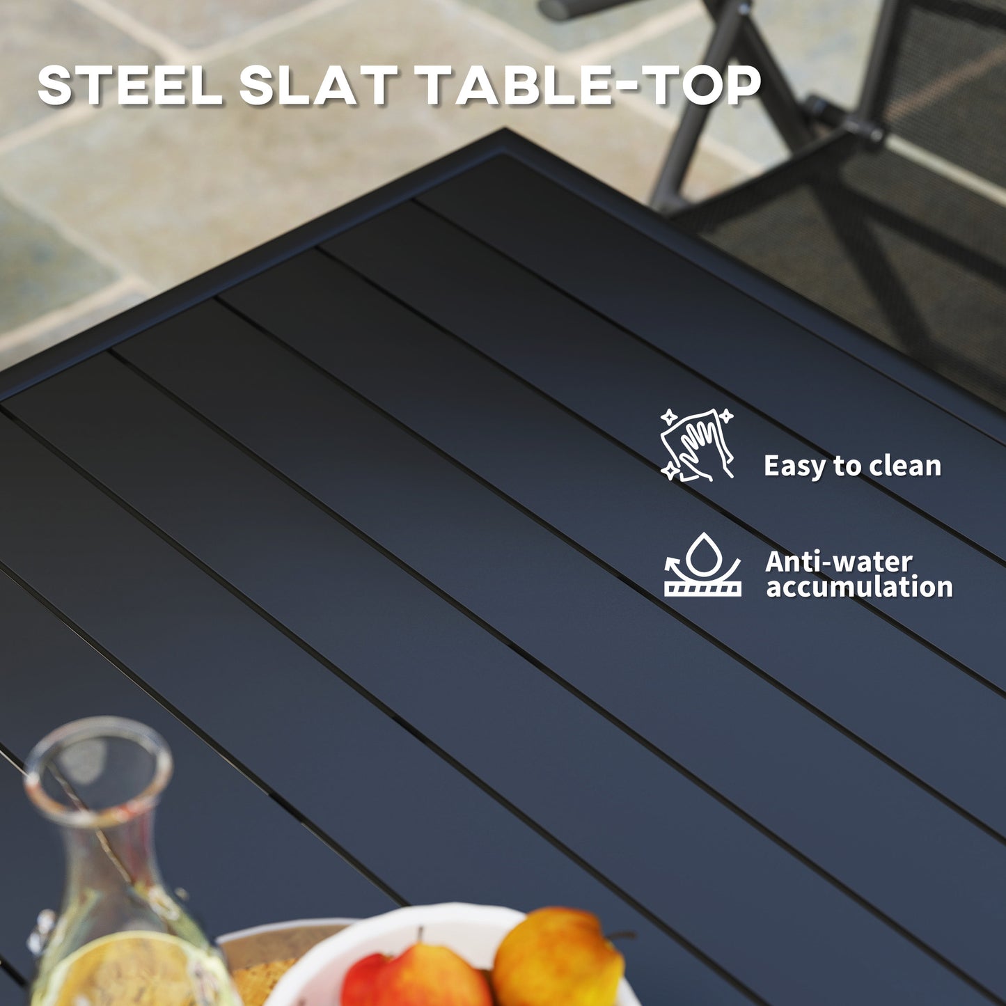 Square Garden Table with Slat Top, Steel Frame